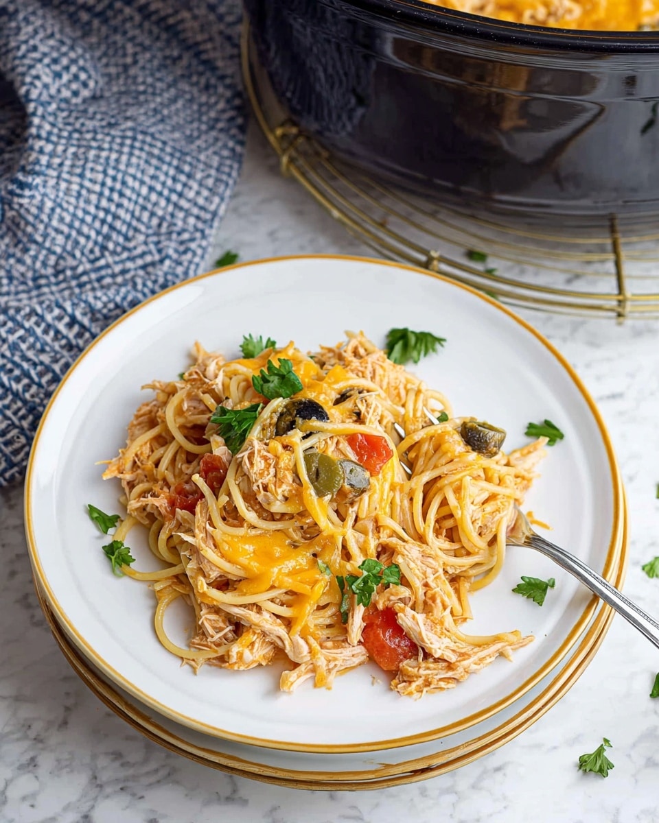 A white plate with a gold rim holds a serving of creamy spaghetti mixed with shredded light brown chicken, chunks of red tomato, green and black olives, and small pieces of onion. The pasta is topped with melted orange cheese and garnished with fresh green parsley leaves. A silver fork rests on the plate, partially twisted in the pasta. The plate is stacked on two similar white plates with gold rims, all sitting on a white marbled surface. In the background, there is a black slow cooker filled with the same cheesy pasta mixture on a gold wire rack and a blue and white checkered cloth. Photo taken with an iphone --ar 4:5 --v 7