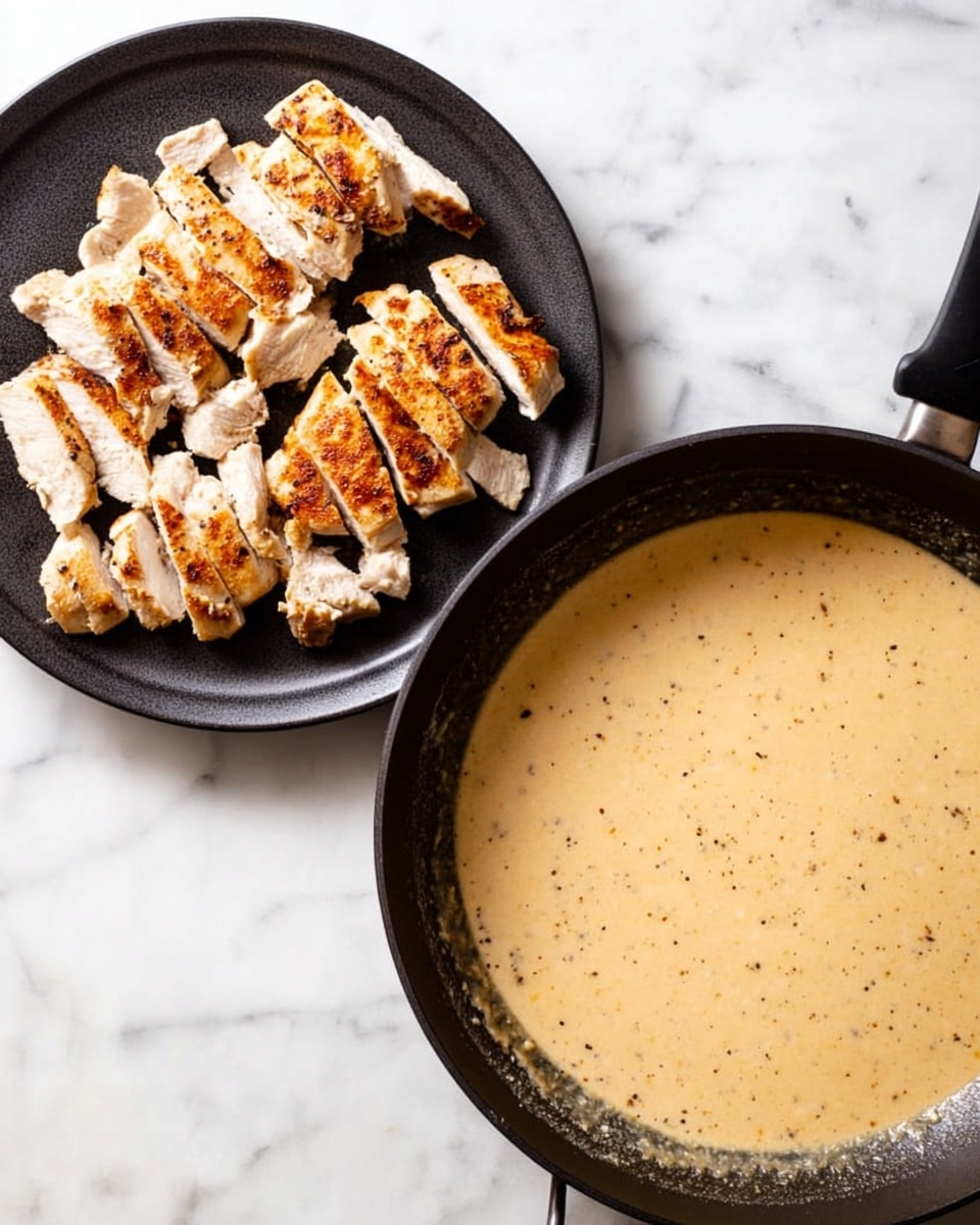 A black plate with sliced cooked chicken pieces arranged in two groups, showing golden brown tender texture with some seasoning on top, is placed on a white marbled surface. Next to it is a black frying pan on the same white marbled surface filled with a creamy beige sauce, speckled with tiny black pepper bits, with a smooth texture covering the whole inside of the pan. Photo taken with an iphone --ar 4:5 --v 7