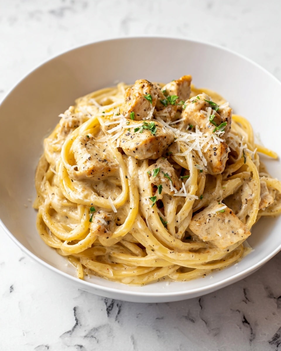In a white bowl on a white marbled surface, there is a creamy pasta dish with about three layers. The bottom layer shows thick spaghetti noodles, pale yellow and smooth, mixed well with a rich beige sauce. Scattered on top and within the noodles are chunks of cooked chicken, coated with creamy sauce and a light sprinkle of black pepper and green herbs. The dish is finished with small white shreds of cheese spread over the pasta and chicken, adding texture and color contrast. Photo taken with an iphone --ar 4:5 --v 7