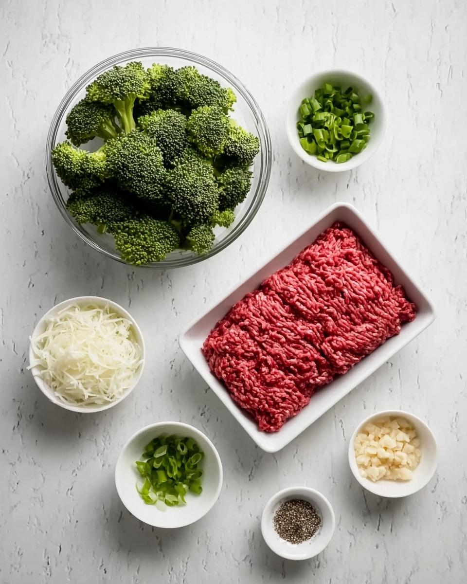 The image shows several small white bowls and a larger white dish all arranged on a white marbled surface. In the center, there is a rectangular white dish filled with raw ground beef that is red with fine texture lines. To the left, a large clear glass bowl is filled with bright green broccoli florets, showing a rough, leafy texture. Around these are smaller white bowls; one contains shredded white onions with a soft texture, another has light brown shredded garlic, one has chopped green onions with a fresh look, and the last one holds finely chopped light beige pieces, likely ginger, with a fibrous texture. There is also a small white bowl with black pepper near the garlic. Everything is neatly placed and looks fresh. photo taken with an iphone --ar 4:5 --v 7