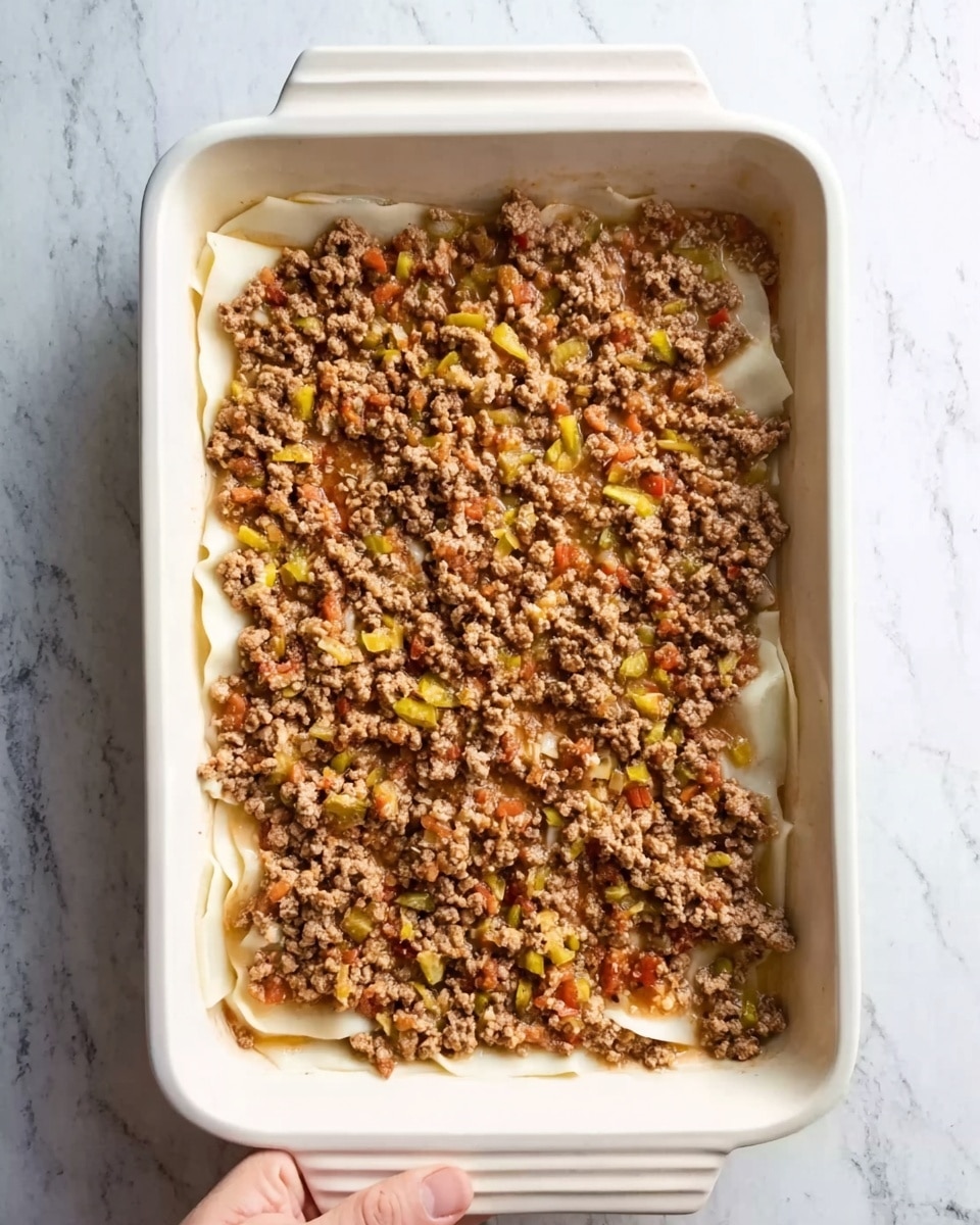 The image shows a white rectangular baking dish filled with a layer of cooked ground meat mixed with small pieces of yellow and red vegetables, spread evenly on top. Underneath the meat, there is a layer of flat pasta sheets barely visible at the edges. The dish is placed on a white marbled surface, and a woman's hand is partially visible at the side touching the dish. The overall colors are earthy brown from the meat, with hints of yellow and red from the vegetables, and pale cream from the pasta underneath. Photo taken with an iphone --ar 4:5 --v 7