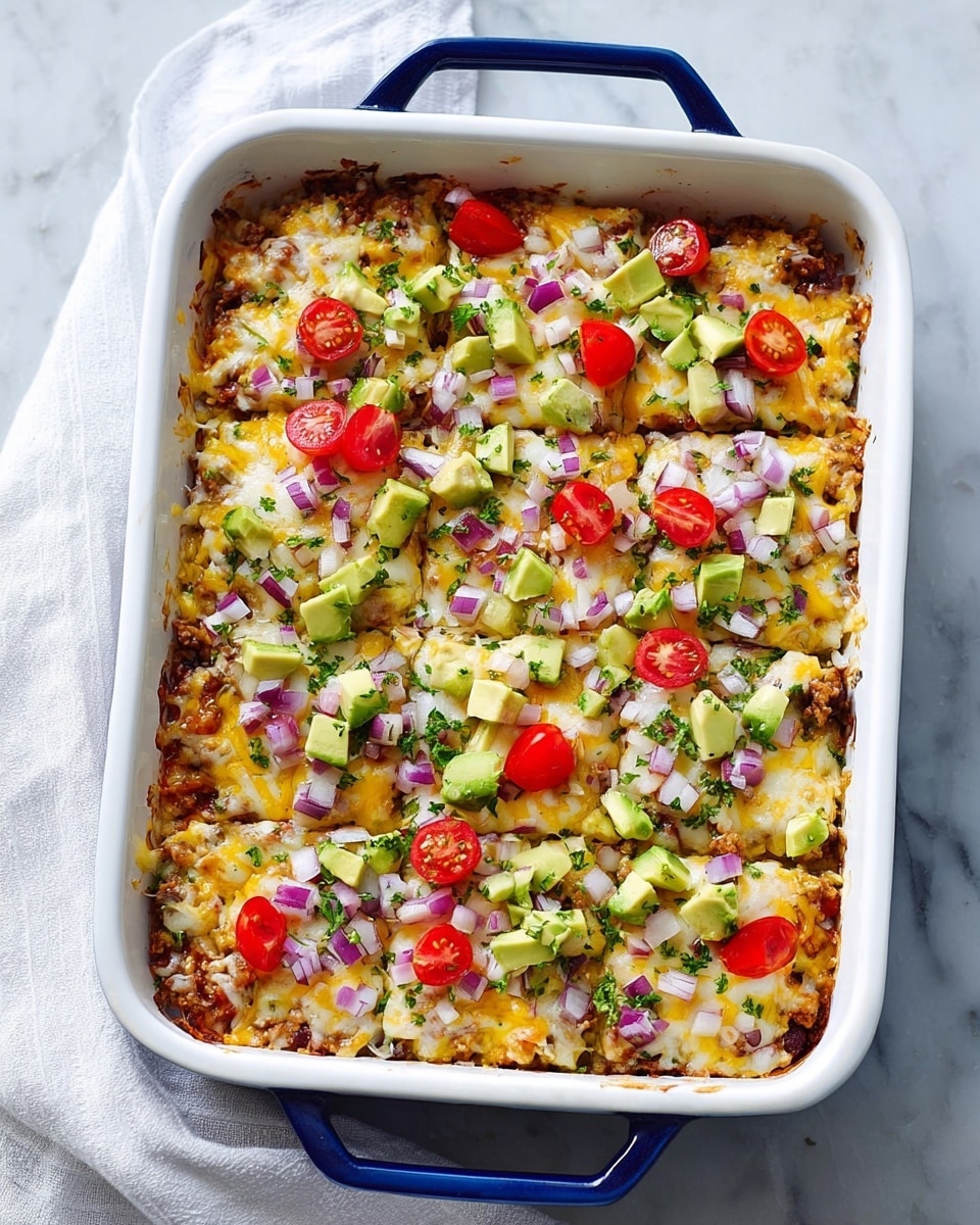A white baking dish with blue handles holds a layered casserole. The bottom layer looks like cooked meat and beans mixed together, topped with a thick layer of melted white and yellow cheese. On top, there are small chopped pieces of red onion, green herbs, green avocado cubes, and halved small red tomatoes scattered evenly across. The dish is placed on a white marbled surface with a white cloth nearby. The casserole is divided into square sections, showing the melty cheese slightly stretching along the cut lines. photo taken with an iphone --ar 4:5 --v 7