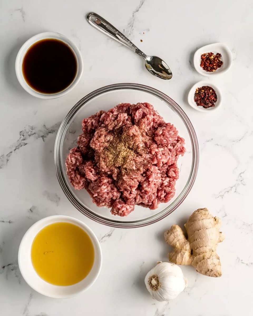 The image shows a round glass bowl in the middle filled with raw ground meat that is light red with some brown seasoning sprinkled on top. Around the bowl, there are four small white bowls placed on a white marbled surface. On the bottom left, there is a white bowl with dark brown liquid, and below the meat bowl, there is a white bowl with golden yellow liquid. On the top left, there is a silver spoon with light yellow liquid inside. To the top right, there is a silver spoon with a small amount of red chili flakes next to a whole garlic bulb and some fresh ginger root that is light brown with a rough texture. Photo taken with an iphone --ar 4:5 --v 7