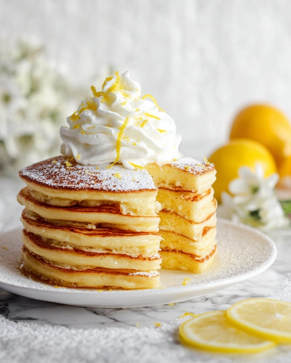 A stack of seven golden brown pancakes sits on a white plate on a white marbled surface, with the top pancake dusted lightly with powdered sugar. A thick swirl of white whipped cream topped with small yellow lemon zest strands rests on the very top pancake. On the right side of the stack, some pancakes are cut revealing the fluffy and soft pale yellow inside texture. In the blurred background, two whole yellow lemons and delicate white flowers add a fresh touch. Thin lemon slices lie in the foreground on the marbled surface. Photo taken with an iphone --ar 4:5 --v 7