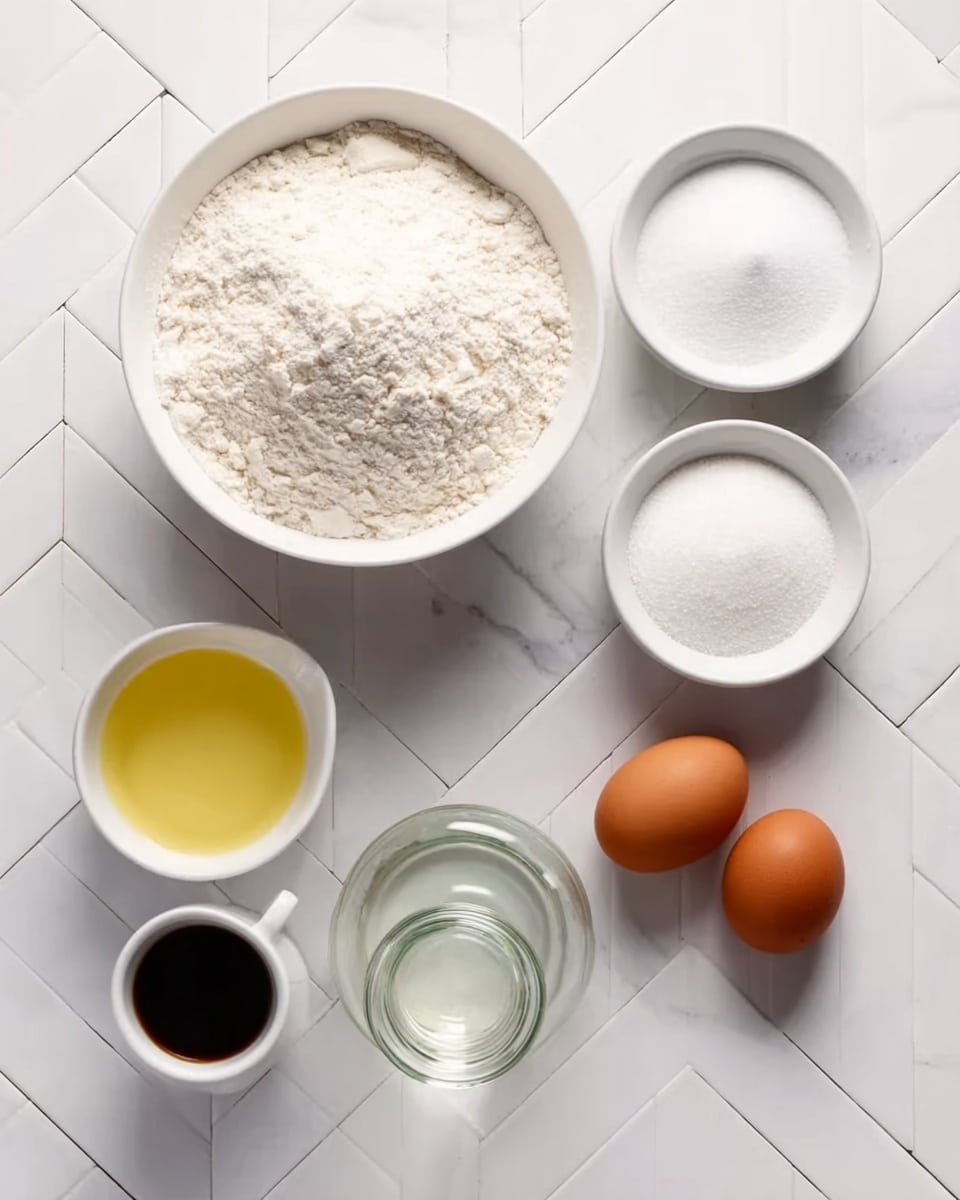 The image shows seven white bowls and jars with baking ingredients placed on a white marbled surface with a light herringbone tile pattern. The largest bowl at the top left is filled with white flour, next to it on the right are two smaller bowls, one filled with white granulated sugar and the other with white powder soda. Below the flour bowl is a glass jar of white liquid, a small glass bowl filled with light yellow oil, and a white cup holding dark brown vanilla extract. On the far right, next to the vanilla cup, there are two brown eggs placed on the white marbled surface. The setup is neat and bright with soft natural light. photo taken with an iphone --ar 4:5 --v 7