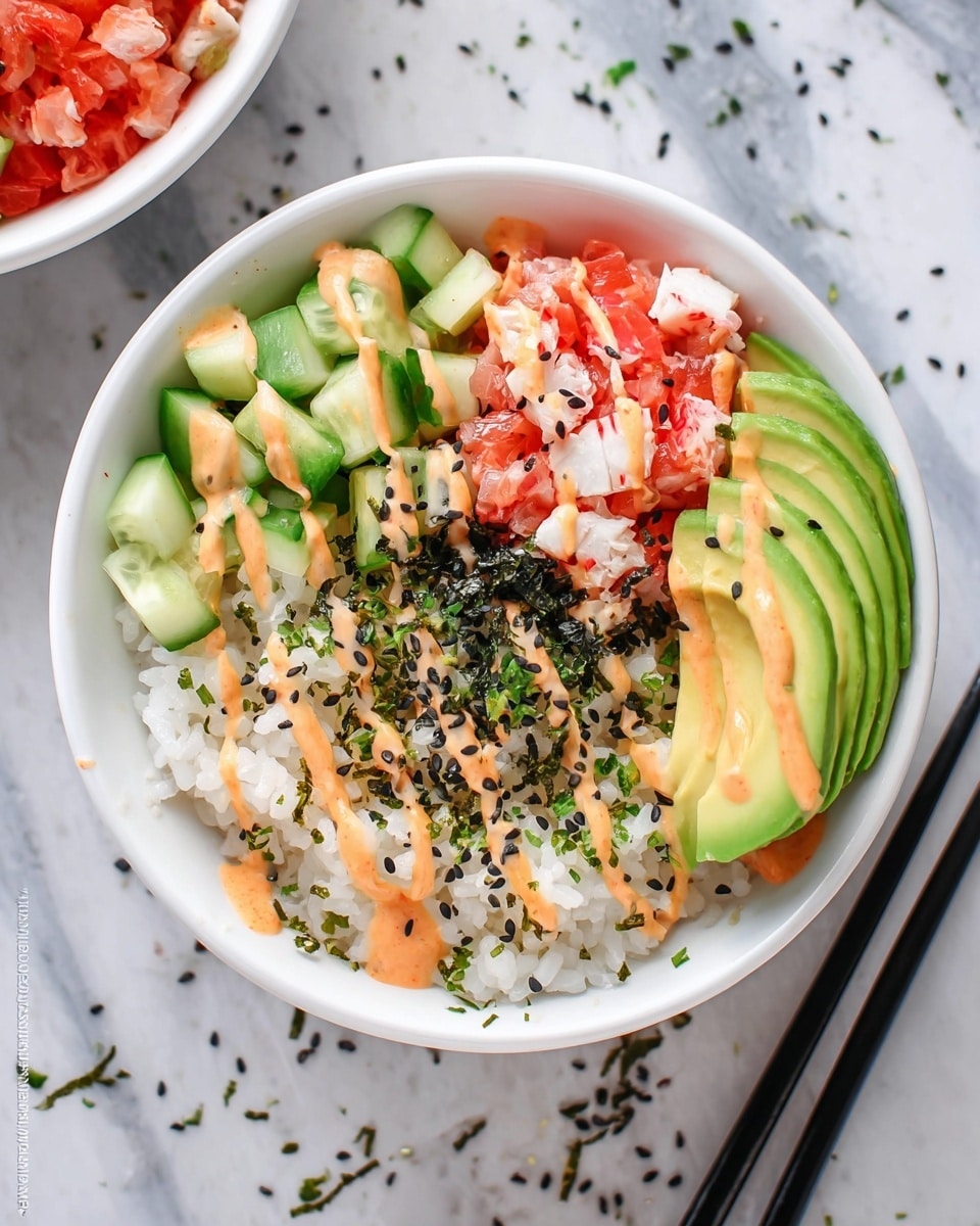 A white bowl with four main layers is shown on a white marbled surface. The first layer at the bottom is white sushi rice sprinkled with green herbs and black sesame seeds, occupying the center. On the top right, there is a layer of chopped red and white imitation crab. The top left layer has small, green cucumber cubes. At the bottom right, there is a fanned out layer of thin, bright green avocado slices. A light orange sauce is drizzled over the entire bowl, and some black sesame seeds are scattered on top and the surrounding marbled surface. Black chopsticks rest to the right of the bowl. Photo taken with an iphone --ar 4:5 --v 7