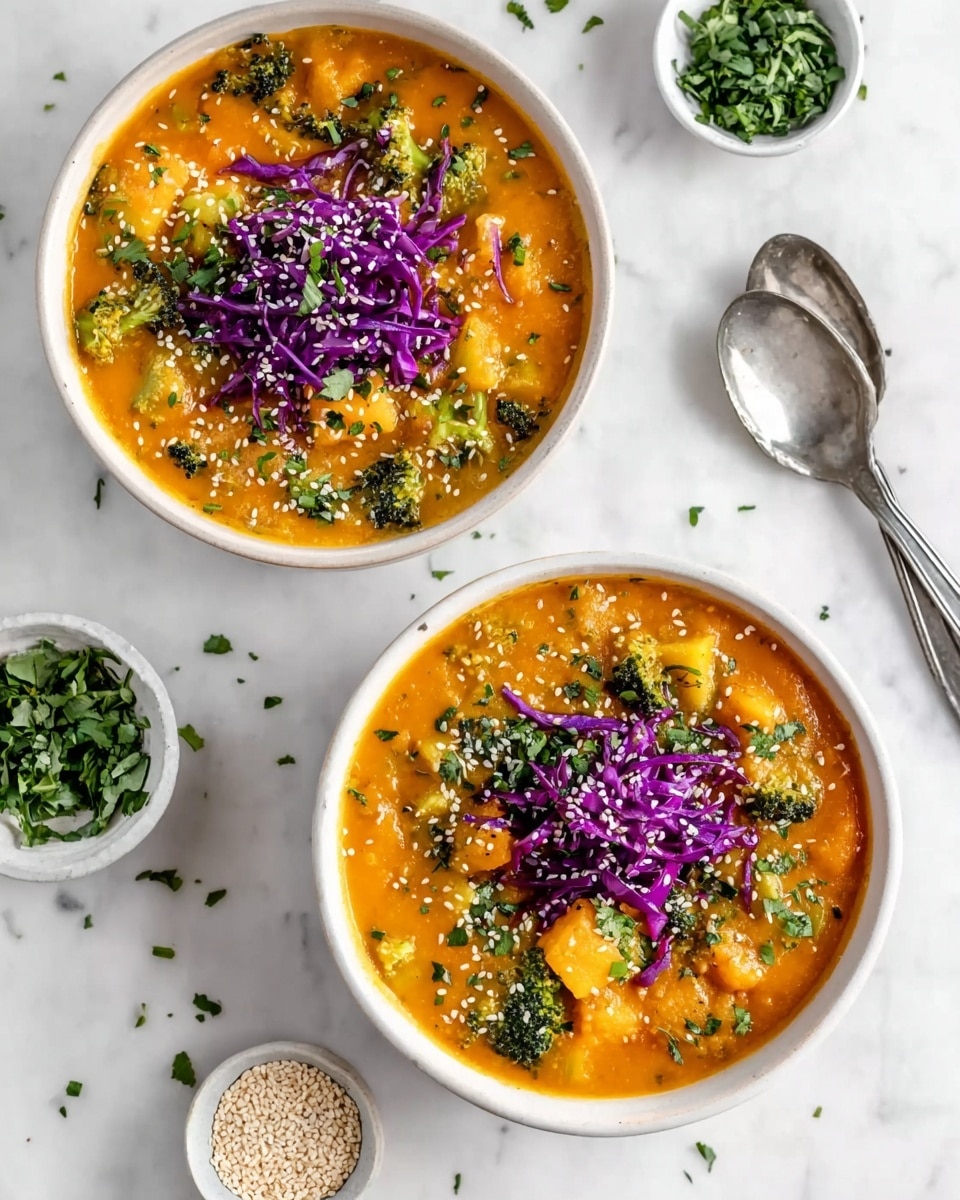 Two white bowls filled with thick orange soup with visible chunks of green broccoli and yellow sweet potato. Each bowl is topped in the center with thin strips of bright purple cabbage and sprinkled with chopped green herbs and white sesame seeds. The bowls sit on a white marbled surface with small scattered green herbs around. A small white bowl of sesame seeds and another small white bowl of chopped herbs are nearby, along with two silver spoons. Photo taken with an iphone --ar 4:5 --v 7