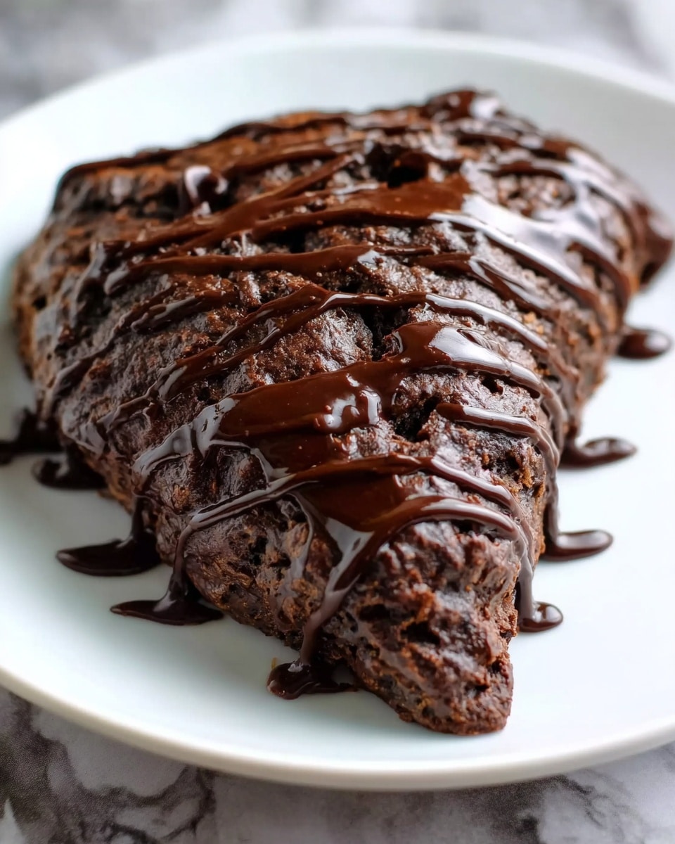 The image shows a single large slice of chocolate scone on a white plate, placed on a white marbled surface. The scone has a rich dark brown color with a rough texture, showing crumbly and dense layers inside. The top of the scone is covered with thick, glossy dark chocolate drizzle in thin, uneven lines that slightly drip onto the plate. A small bite piece of scone with chocolate is near the slice, and a woman’s hand holding a fork is visible next to it, creating a casual and inviting feel. Photo taken with an iphone --ar 4:5 --v 7