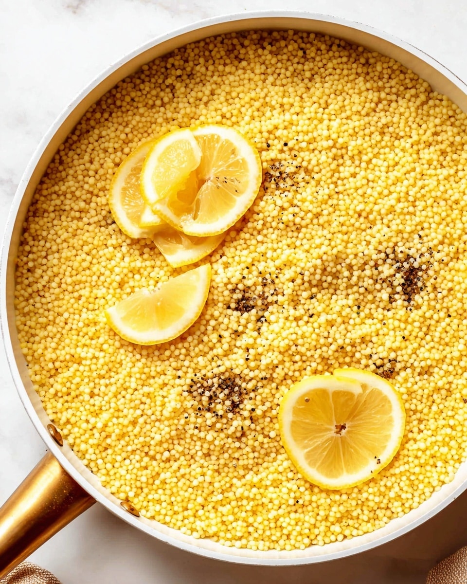 A close-up view of a white pan filled with small, round yellow couscous grains, evenly spread out in a single thick layer. There are three lemon wedges placed on top, slightly sunken into the couscous; two wedges sit close together near the left side, and one wedge is near the bottom right. The dish is sprinkled with small black pepper pieces scattered evenly across the couscous, adding contrast to the bright yellow color. The pan handle, visible at the bottom, is golden. The pan is set on a white marbled surface. Photo taken with an iphone --ar 4:5 --v 7