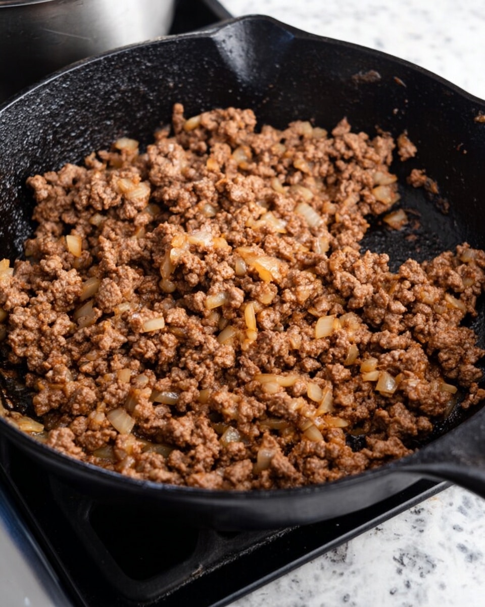 The image shows a black cast iron skillet filled with cooked ground meat mixed with small pieces of onions. The meat is brown with a slightly oily texture, and the onions are light yellow, spread evenly throughout the mixture. The skillet sits on a stove burner, and part of a silver pot is visible on the left side. The background surface is a white marbled texture. Photo taken with an iphone --ar 4:5 --v 7