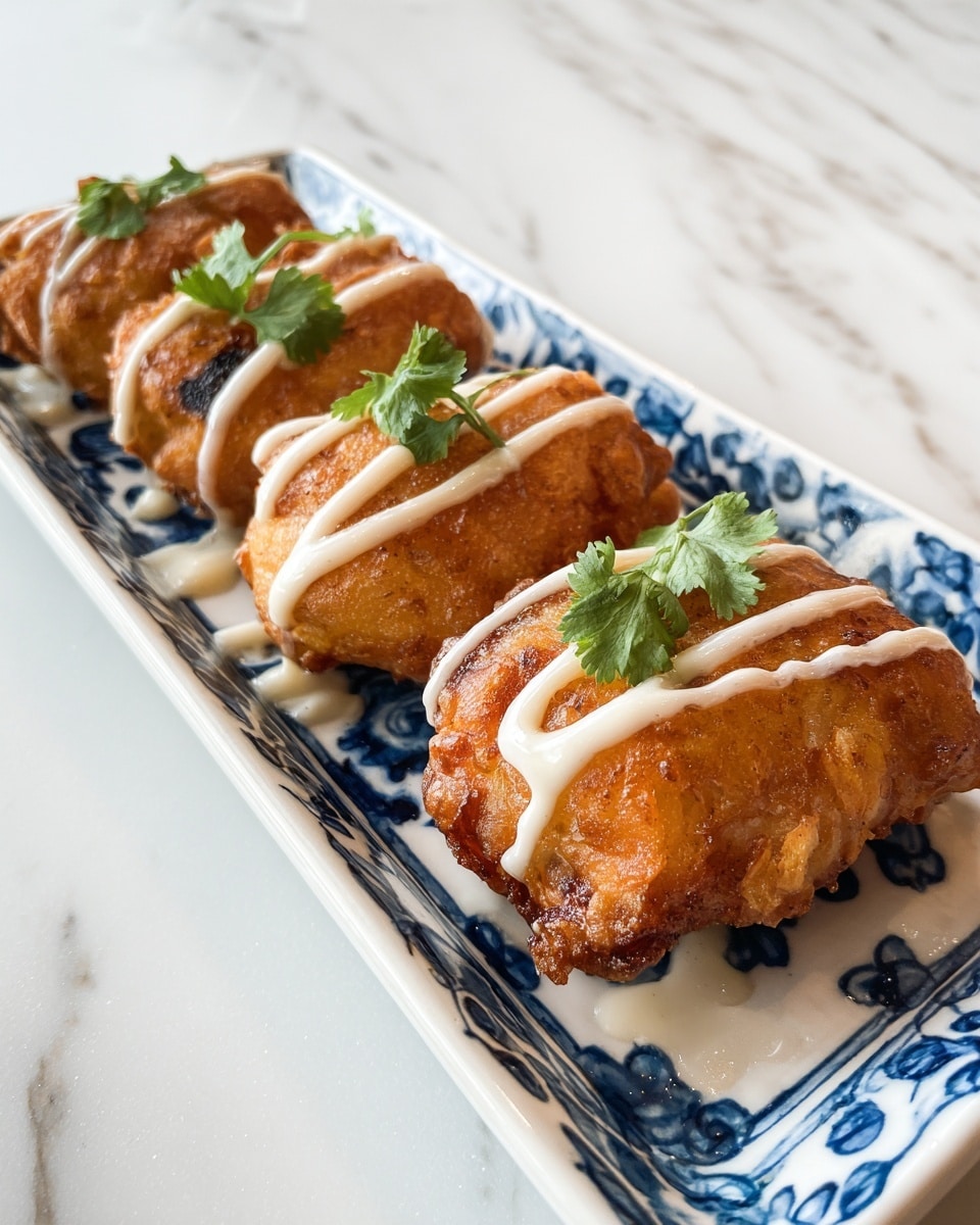 The image shows a white plate with blue decorative patterns holding a stuffed fried food item. The food has a golden brown crispy outer layer, with visible oil spots and a slightly flaky texture. One piece is cut in half, revealing an inner filling of minced meat mixed with small bits of vegetables, all inside a soft, yellow dough or potato layer. The top of each piece is drizzled with white sauce in wavy lines and garnished with small green herb leaves. The plate rests on a white marbled surface, and a woman's hand is holding a fork near the food in the background. photo taken with an iphone --ar 4:5 --v 7