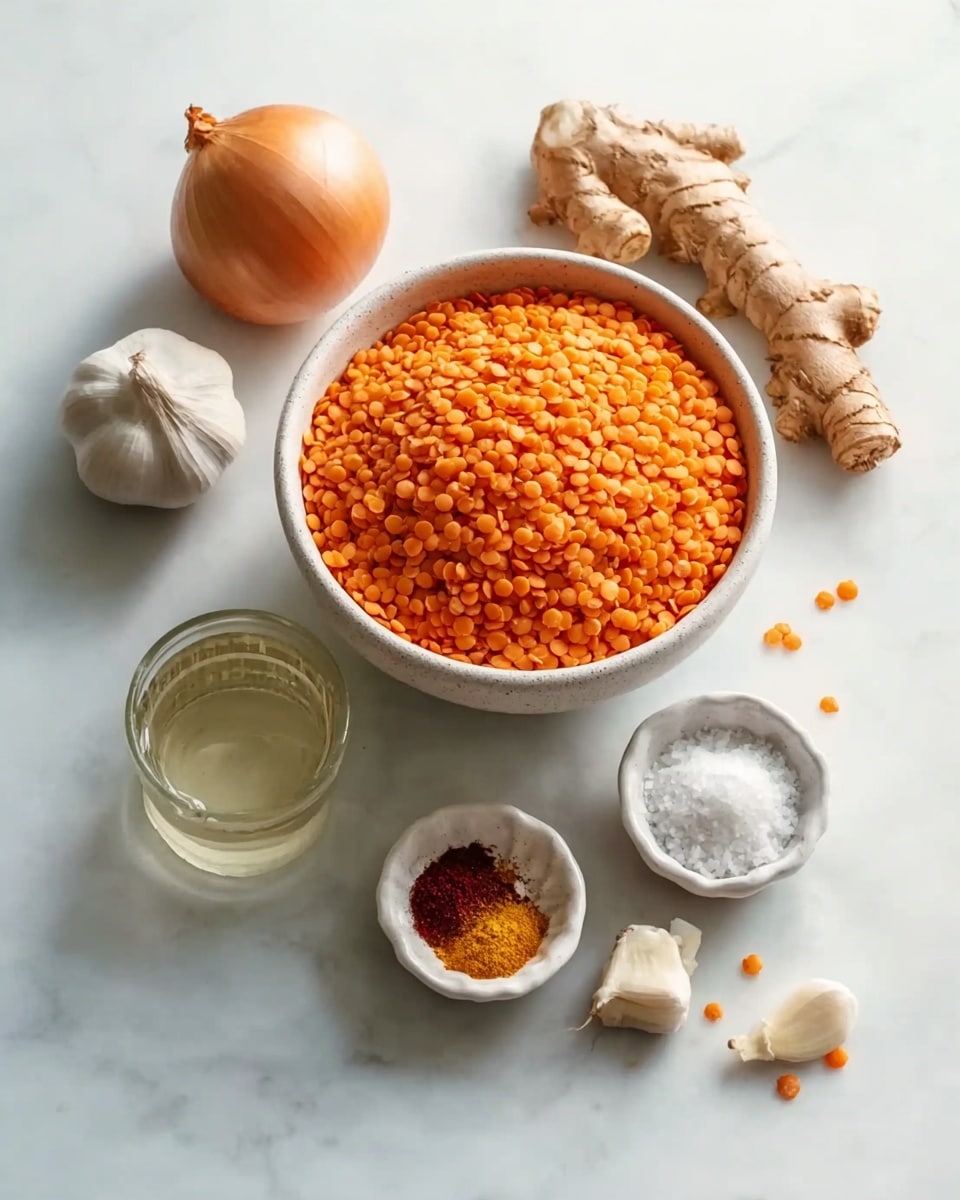 The image shows a white bowl full of bright orange lentils placed on a white marbled surface. Around the bowl, there are fresh ingredients including a light brown onion, two pieces of ginger root, and two cloves of garlic. In front of the bowl, there are three small white bowls: one holding a clear liquid, another with a mix of colorful spices like red, brown, and yellow powders, and the last one containing white salt. The scene is bright and clean, with a simple and organized layout, photo taken with an iphone --ar 4:5 --v 7