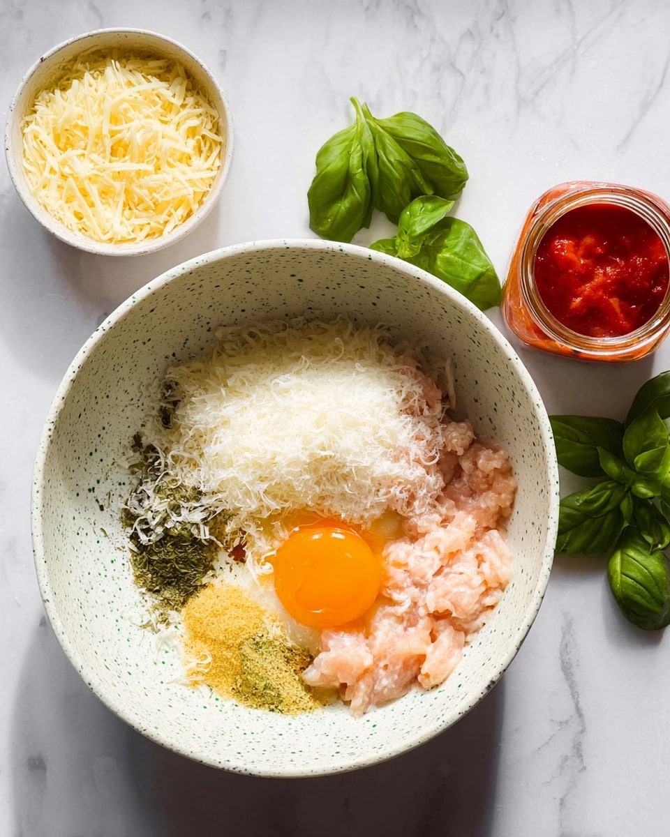 The image shows a large white bowl with green speckles placed on a white marbled surface. Inside the bowl, layers are arranged side by side: ground light pink chicken on the right, a raw bright orange egg yolk with some egg white on the left, a large pile of finely grated white cheese on top, and three sections of mixed spices in shades of green, yellow, and white below the cheese. To the left of this bowl, there is a small white bowl filled with pale yellow shredded cheese and a small glass jar with bright red tomato sauce. To the right of the bowl, fresh bright green basil leaves rest on the white marbled surface. Photo taken with an iphone --ar 4:5 --v 7