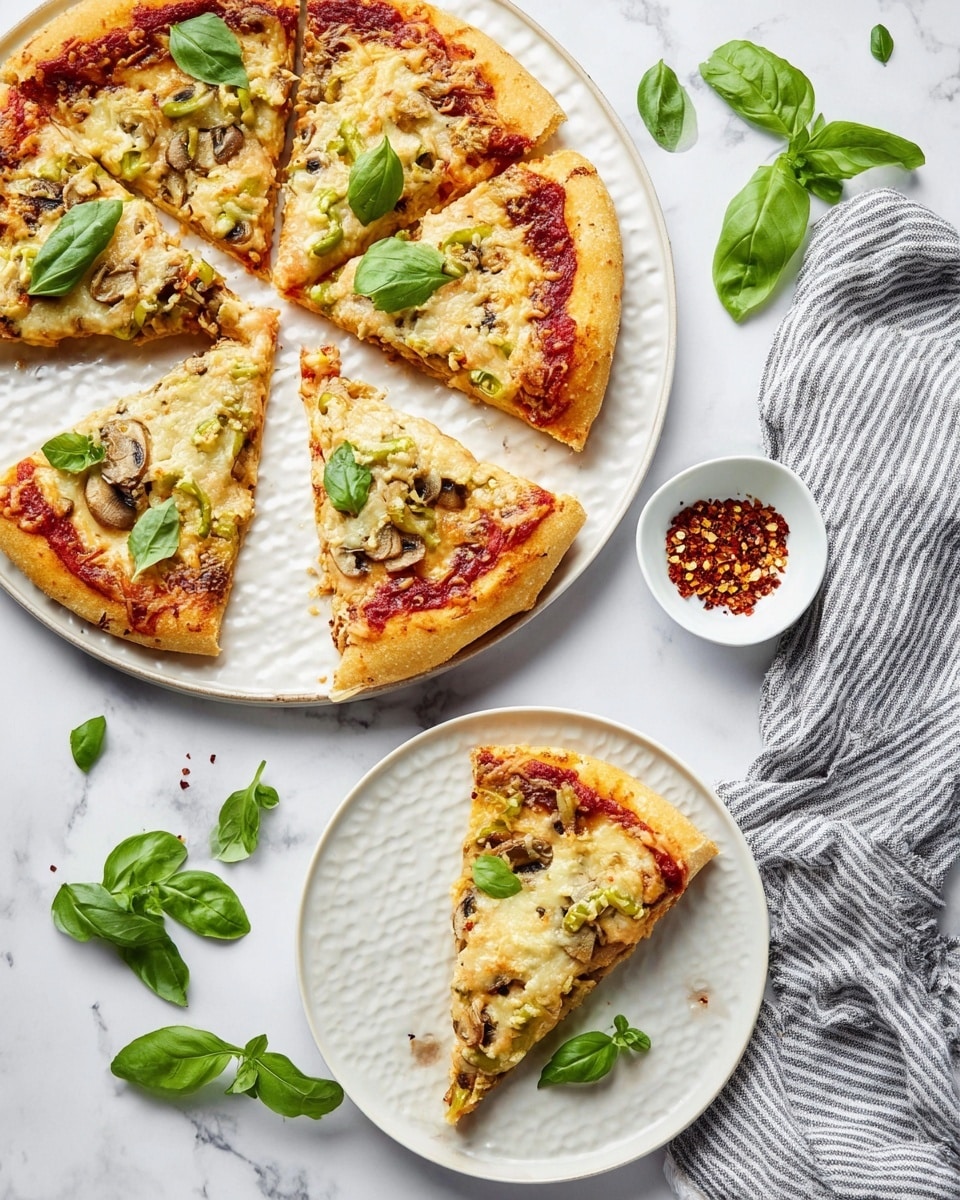 The image shows a whole pizza sliced into eight pieces on a white plate with a wavy texture, and two slices served on a smaller white plate below. The pizza has three visible layers: a golden-brown thick crust at the bottom, a red tomato sauce layer in the middle, and a melted pale yellow cheese layer on top mixed with diced green peppers and sliced mushrooms. Fresh green basil leaves are scattered over the cheese on every slice, adding a bright green contrast. Next to the smaller plate is a small white bowl containing red chili flakes, with several fresh basil leaves around both plates on a white marbled surface. A striped gray and white cloth is casually placed to the right. Photo taken with an iphone --ar 4:5 --v 7