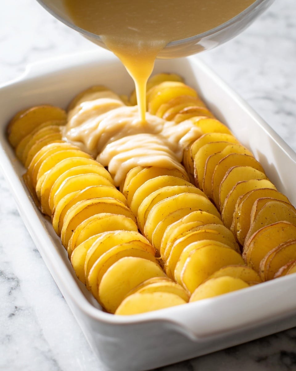 A white rectangular baking dish holds several layers of thinly sliced yellow potatoes arranged vertically side by side in neat rows filling the dish. A creamy beige sauce is being poured over the center of the potato layers from a bowl above, creating a soft flowing texture across the top. The dish is placed on a white marbled surface, visible in the background and bottom of the image. The overall color palette is warm yellows and creamy beige with smooth and slightly shiny potato surfaces. Photo taken with an iphone --ar 4:5 --v 7