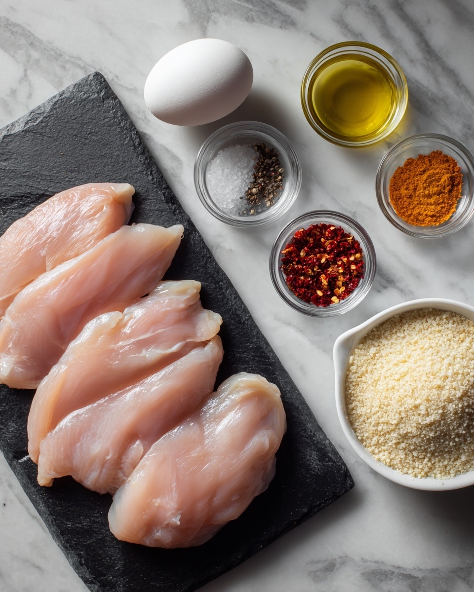The image shows three thin raw chicken slices placed on a black cutting board on the left side. On the right side, on a white marbled surface, there are small glass bowls with salt and pepper, oil, and a mix of red and yellow spices arranged vertically. Next to the bowls, there is one whole egg and a white measuring cup filled with breadcrumbs. photo taken with an iphone --ar 4:5 --v 7
