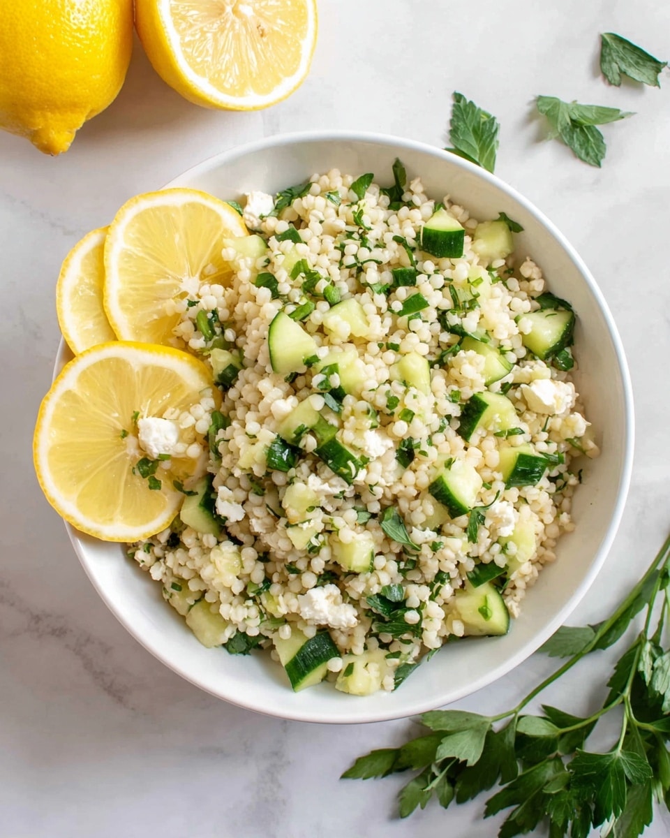 A white bowl filled with small, round couscous grains mixed with chunks of green cucumber and small white cheese pieces, all sprinkled with chopped green herbs. On one side of the bowl, two bright yellow lemon slices rest partially over the food. The bowl is placed on a white marbled surface with two halved lemons and some green parsley leaves around it. Photo taken with an iphone --ar 4:5 --v 7