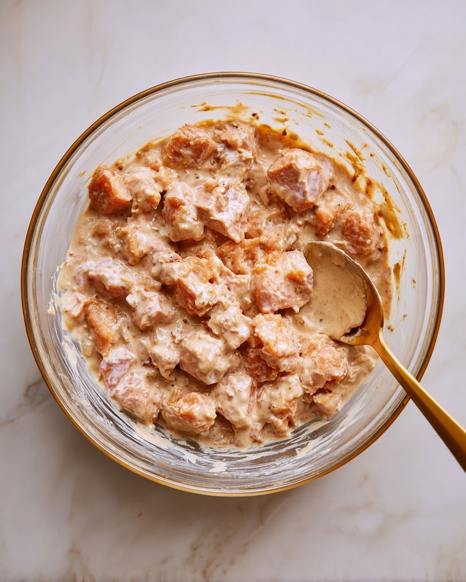 A clear glass bowl is filled with small pieces of raw pinkish-orange meat mixed in a creamy light brown sauce. The mixture has a chunky texture with visible meat pieces coated evenly by the sauce. A golden spoon with some of the mixture rests inside the bowl on the right side. The bowl sits on a smooth white marbled surface. photo taken with an iphone --ar 4:5 --v 7