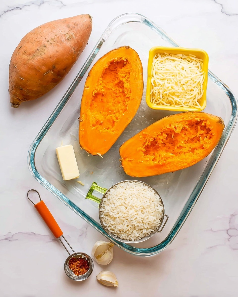 The image shows a clear glass baking dish on a white marbled surface with two large orange sweet potato halves placed side by side towards the top left and center right of the dish. Near the top right corner, there is a small yellow cup filled with shredded pale yellow cheese. A silver measuring cup with a green handle filled with white short-grain rice sits near the bottom left of the dish. A small silver wrapped cube of butter is positioned between the rice and the left sweet potato half. On the bottom right side, two garlic cloves rest on the glass surface, accompanied by a small silver measuring spoon with an orange handle holding a reddish-brown spice. The entire setup is bright and clean, showing the ingredients clearly in natural light, photo taken with an iphone --ar 4:5 --v 7