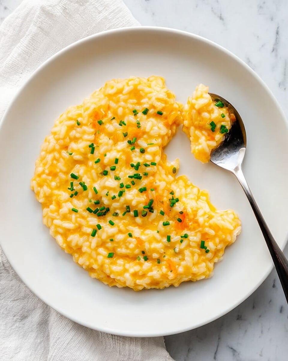 A white round plate holds a creamy yellow risotto with small bits of orange, spread in a circle on the plate and garnished with small green chopped chives sprinkled evenly on top. A silver spoon is placed on the right side of the plate, partly scooping some of the risotto, showing its thick and soft texture. The plate is on a white marbled surface with a white cloth underneath it. Photo taken with an iphone --ar 4:5 --v 7