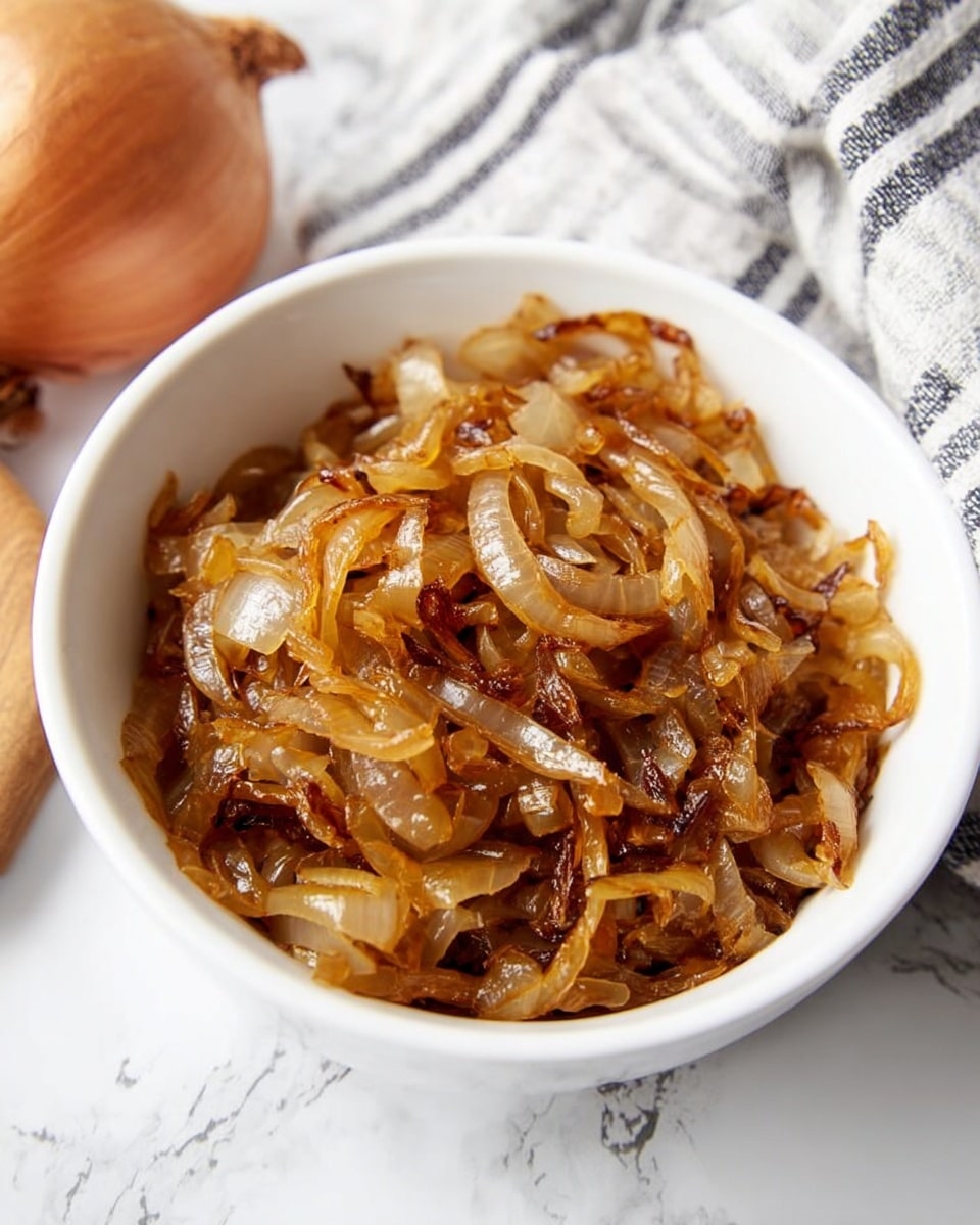 A silver frying pan holds a single layer of cooked onions that are golden brown and slightly caramelized with some darker brown edges, showing a soft and slightly sticky texture. The pan's interior shines with some oil residue and slight browning spots around the onions. The pan is placed on a white marbled surface with a pair of silver tongs nearby and a gray and white striped cloth resting partially on the lower right side. Photo taken with an iphone --ar 4:5 --v 7
