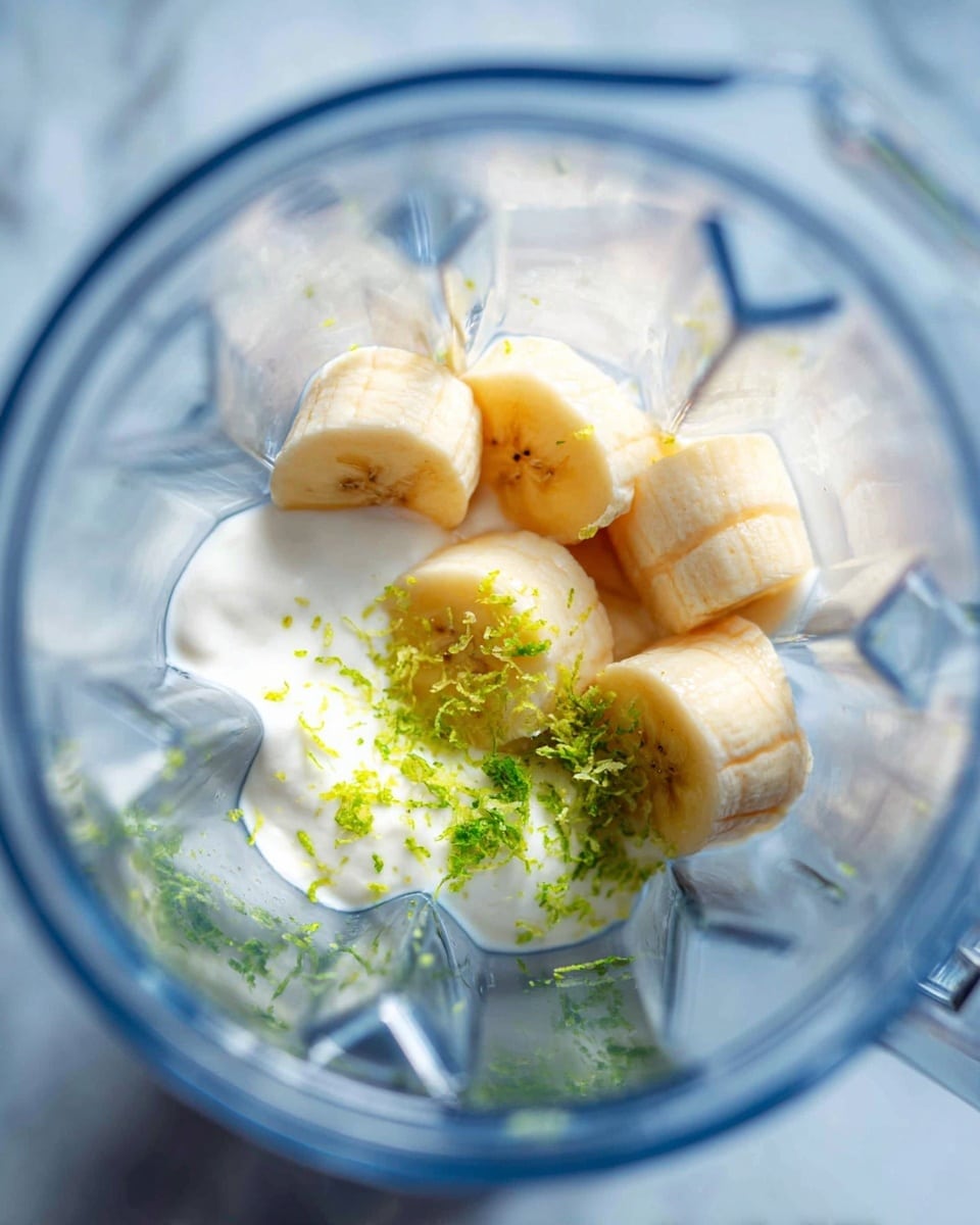 Inside a clear blender, there are five pieces of banana with a soft yellow color on the top right. Underneath the bananas, a thick white creamy layer rests on the bottom left. On top of the bananas and cream, there are small bright green sprinkles of lime zest adding texture and color. A pale yellowish liquid, possibly honey or syrup, shines softly over the bananas, creating a glossy effect. The sides of the blender show reflections of the ingredients, and the background is a white marbled texture. photo taken with an iphone --ar 4:5 --v 7