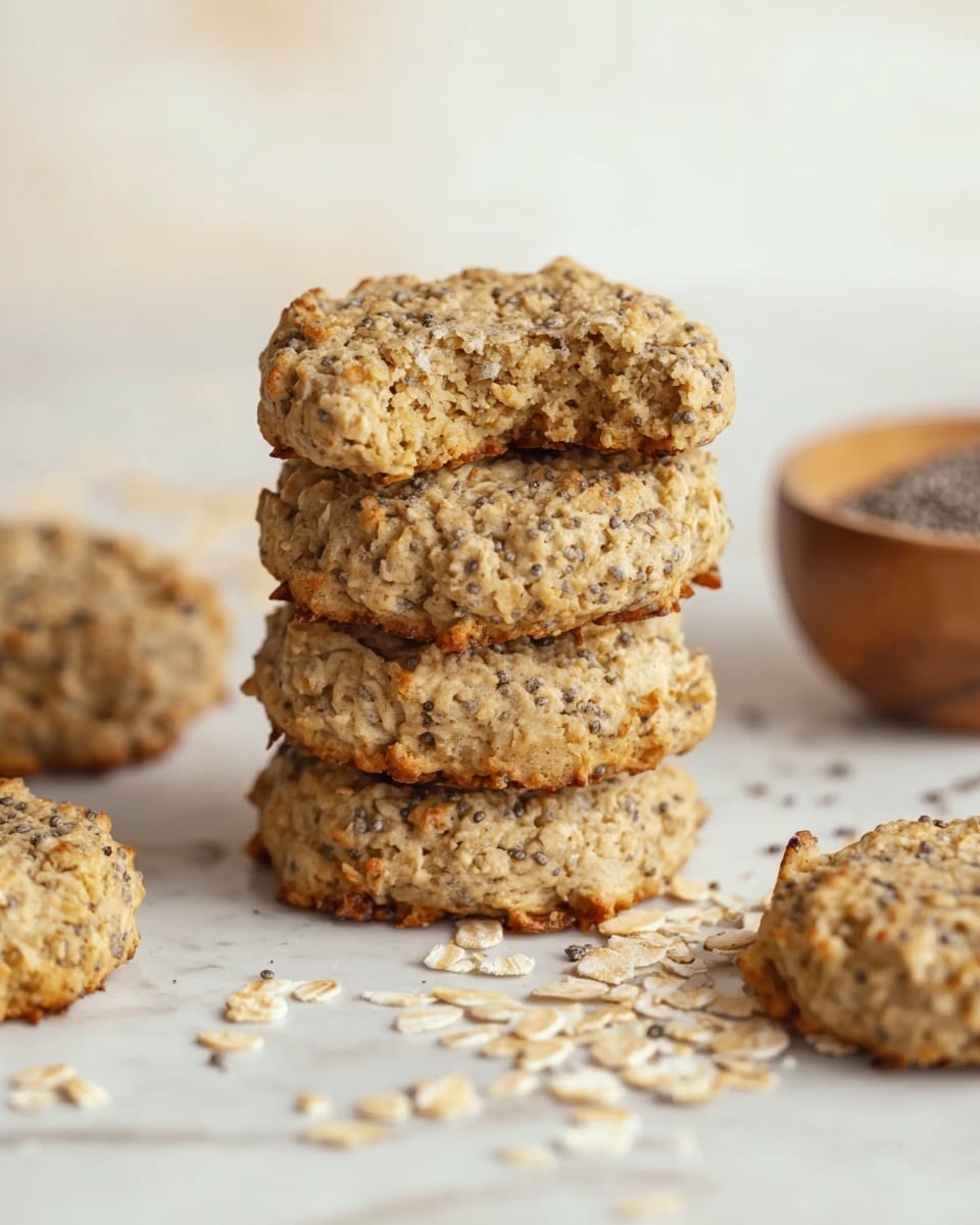 A stack of four oatmeal cookies sits in the center on a white marbled surface, with the top cookie showing a bite taken out of it revealing a soft and textured inside with visible oats and seeds. Each cookie has a rough, bumpy surface with a mix of light brown and beige colors, showing small dark chia seeds sprinkled throughout. Around the stack, there are three more cookies lying flat, scattered oat flakes, and a small wooden bowl filled with chia seeds in the background. Photo taken with an iphone --ar 4:5 --v 7