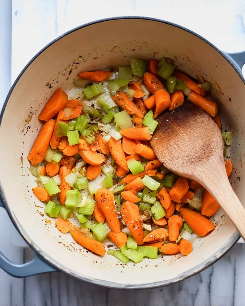 A close-up top view of a white cooking pot with a light interior, filled with sautéed vegetables including bright orange carrot slices, green celery pieces, and small bits of onion scattered evenly. The vegetables have a slightly cooked texture with some brown seasoning spots. A light-colored wooden spoon rests inside the pot, partially covered by the vegetables, on a white marbled surface. photo taken with an iphone --ar 4:5 --v 7