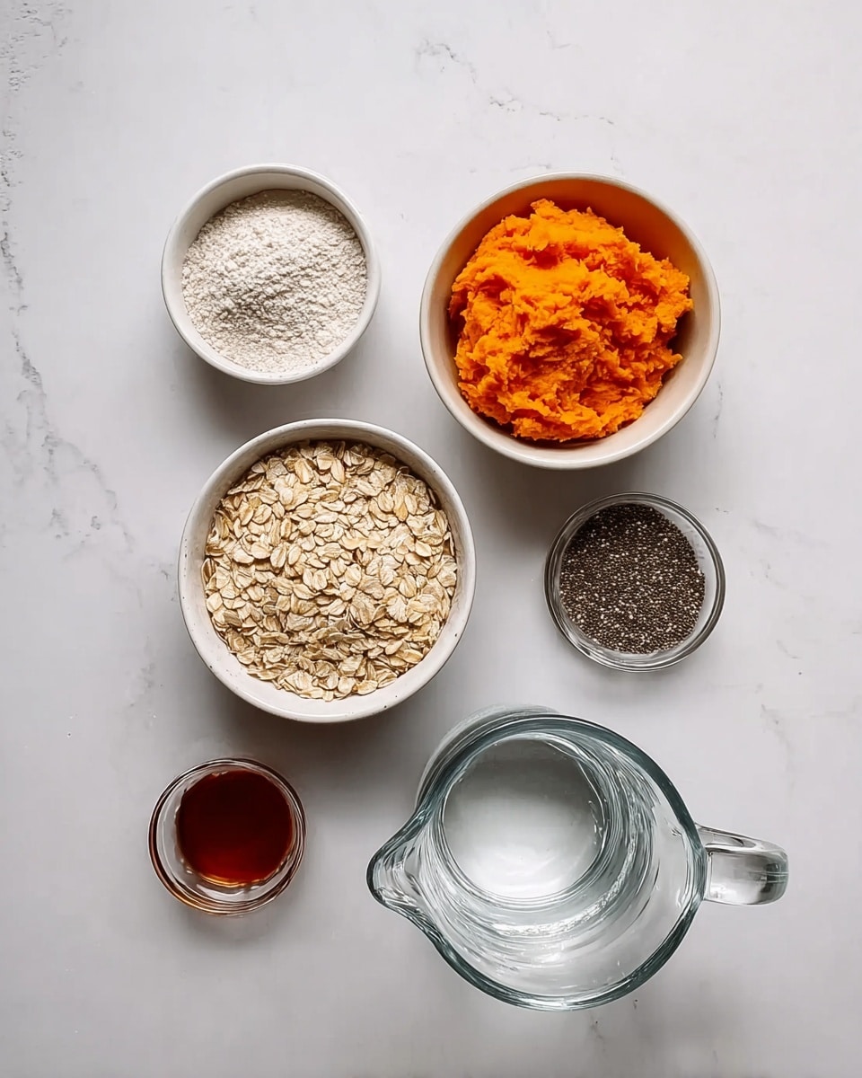 The image shows six small white bowls and a clear glass pitcher placed on a white marbled surface. From the top left, there's a bowl with white powder, next to it a bowl filled with bright orange mashed sweet potato. Below, a bowl with light beige rolled oats is centered, surrounded by three smaller bowls: one with dark brown liquid, one with tiny black chia seeds, and a clear glass pitcher filled with water on the bottom right. The arrangement is neat and evenly spaced. photo taken with an iphone --ar 4:5 --v 7