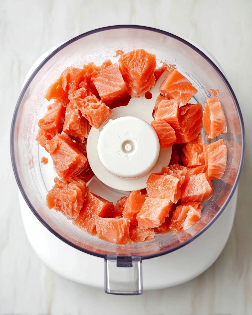 Inside a clear food processor bowl, there are many small pieces of raw salmon with a bright orange-pink color and a slightly shiny, smooth texture. The pieces are evenly spread inside the bowl, sitting around a white central plastic blade holder. The food processor itself is white, placed on a surface with a white marbled texture. The photo is taken from above, showing the salmon pieces clearly inside the transparent bowl. photo taken with an iphone --ar 4:5 --v 7