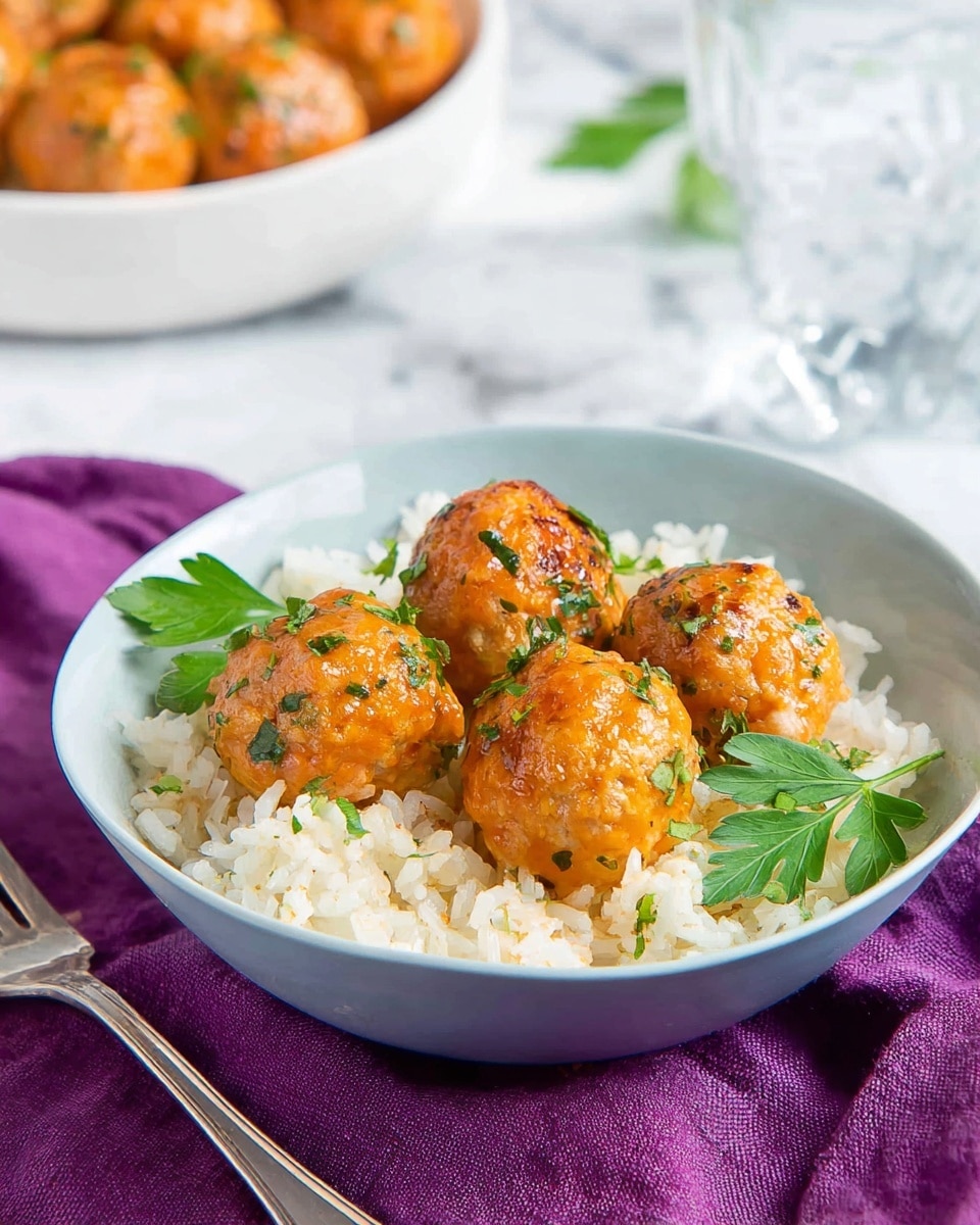 A white bowl is filled with a base layer of white rice, topped with five round orange meatballs sprinkled with green herbs. A small green parsley leaf rests on the rice, adding a fresh touch to the dish. The bowl is placed on a purple cloth with a silver fork nearby. In the blurry background, a white marbled surface holds a white bowl with more meatballs and a glass of water with condensation. photo taken with an iphone --ar 4:5 --v 7