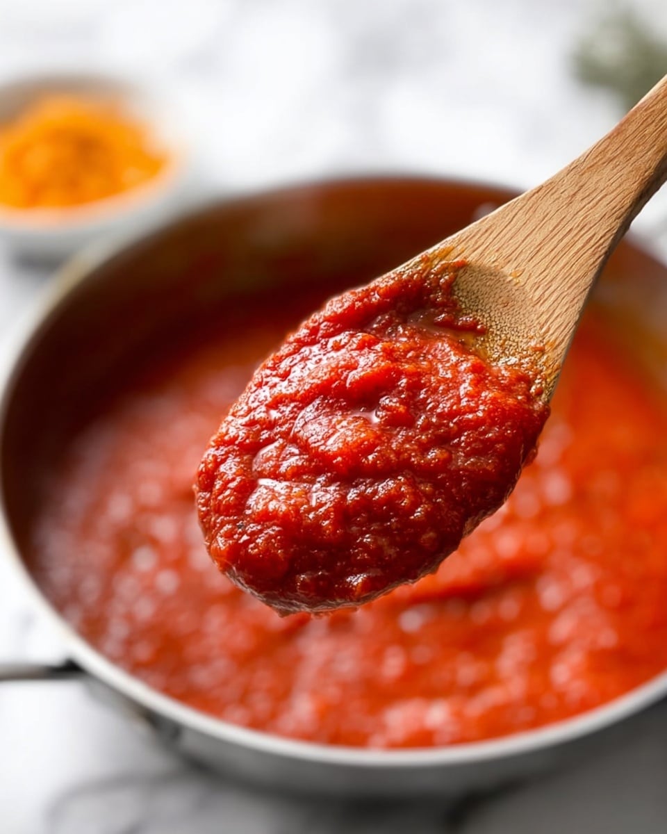 A close-up view of a wooden spoon holding a thick, red tomato sauce with a slightly chunky texture. The spoon is held over a white metal pan filled with more of the bright red sauce. In the blurred background, a white bowl with orange grated garnish is partly visible on a white marbled surface. The scene is bright with natural lighting, showing rich colors and the sauce's thick consistency. Photo taken with an iphone --ar 4:5 --v 7