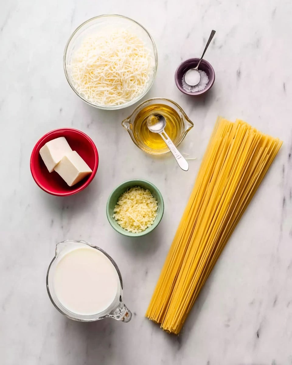 A white marbled surface holds several cooking ingredients neatly arranged with a bunch of uncooked yellow spaghetti placed vertically on the right side. Moving leftwards, a small clear measuring cup contains a golden yellow liquid, likely oil, with a silver measuring spoon inside. Above it, a green bowl holds finely minced light yellow garlic. Next to it, a purple bowl contains a small amount of white granules, probably salt. Further up, a red bowl holds a solid white cube, likely butter. At the top left corner, a large clear bowl is filled with white shredded cheese, and a silver measuring spoon rests on the side. Near the bottom left, a clear measuring cup holds white milk. The whole arrangement is clean and minimalistic. Photo taken with an iphone --ar 4:5 --v 7