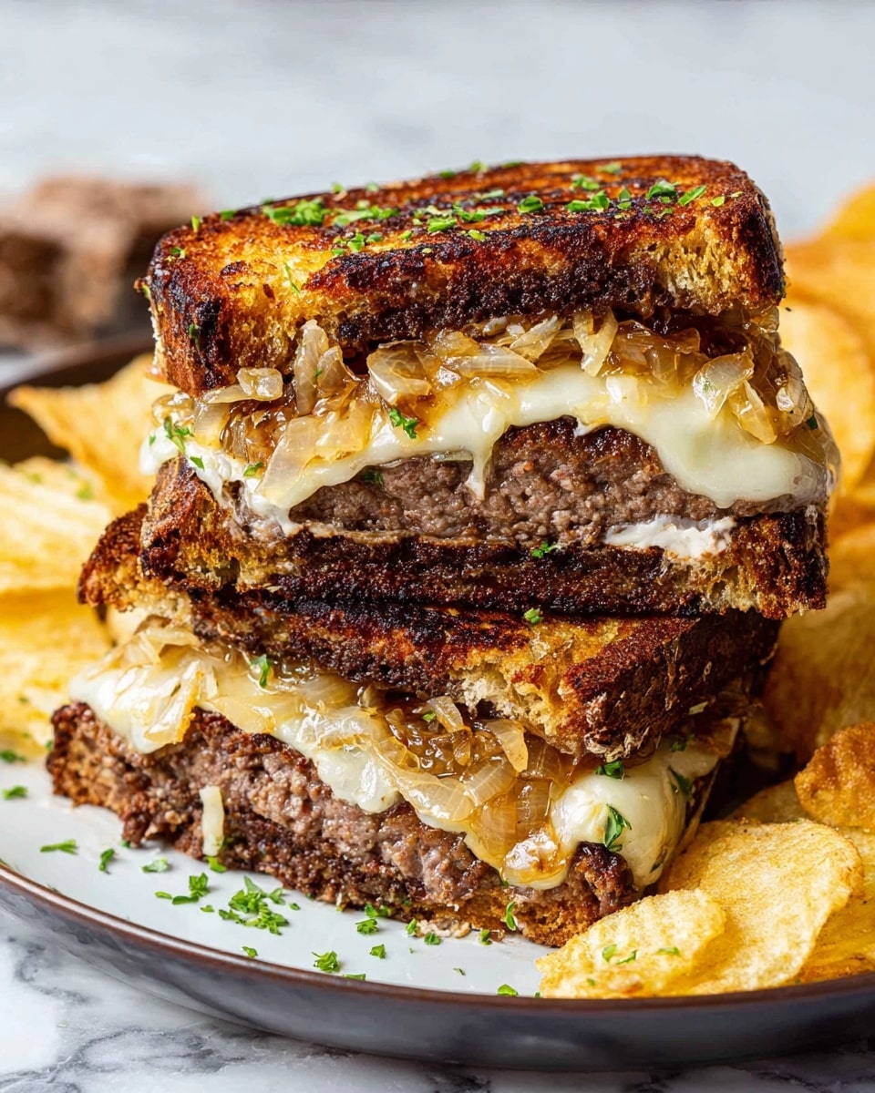 A grilled sandwich is stacked in two halves on a white plate with potato chips around it. The sandwich has three layers of dark brown toasted bread with a crispy texture. Between the bottom and middle bread layers, there is a thick, juicy beef patty with a light brown cooked color, melted white cheese with a smooth texture, and caramelized onions that are golden and soft. Between the middle and top bread layers, there is another slice of melted white cheese, more caramelized onions, and some green herb sprinkles on top of the bread. The whole plate is placed on a white marbled surface. photo taken with an iphone --ar 4:5 --v 7