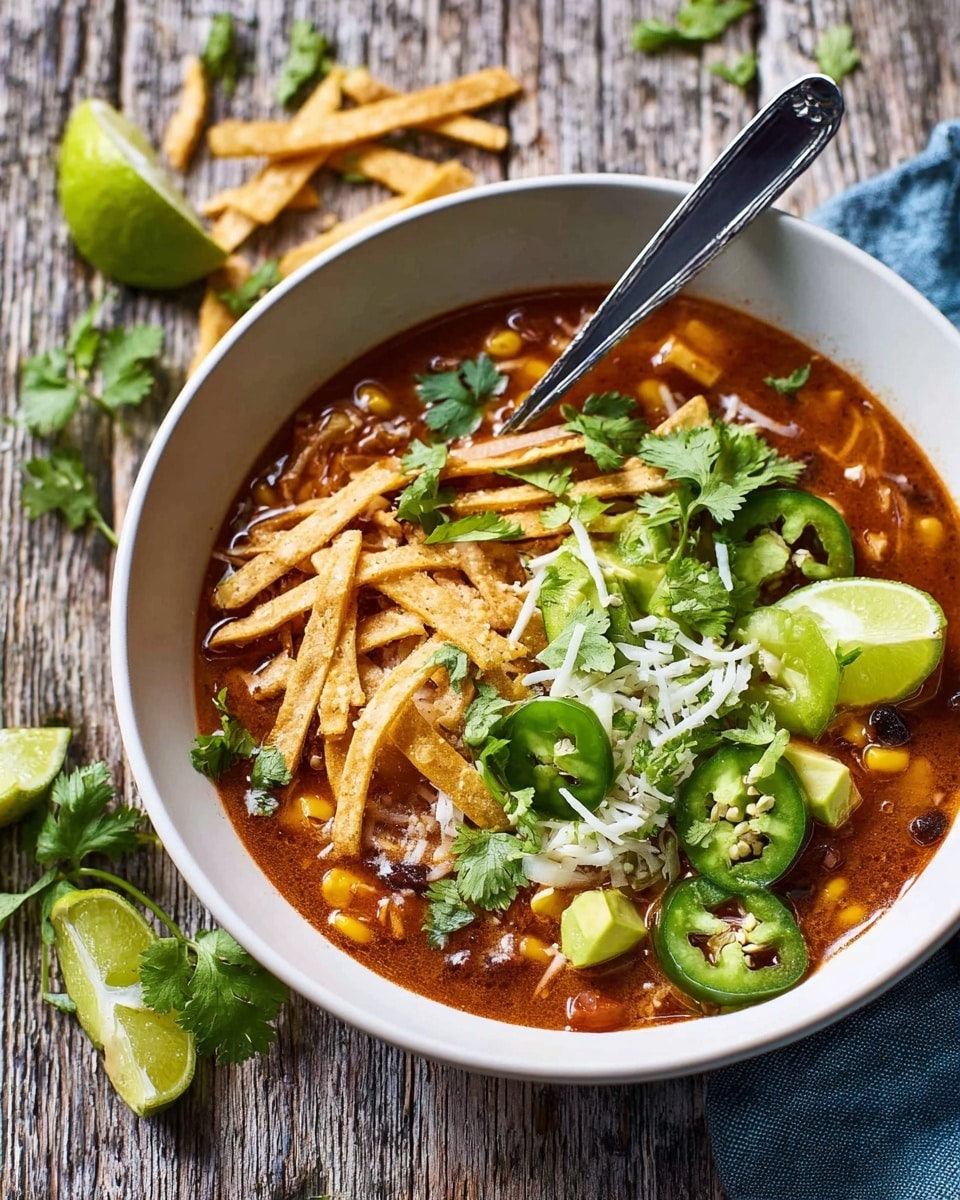 A white bowl filled with a rich reddish-brown soup contains visible corn and beans in the base layer, topped with bright green avocado cubes, sliced jalapeños, and shredded white cheese. On top is a layer of crispy golden tortilla strips and fresh green cilantro leaves, with a wedge of lime resting on the side inside the bowl. A silver spoon is placed in the bowl, and around the bowl on a worn wooden surface are extra tortilla strips, jalapeño slices, lime wedges, and a blue cloth. The photo taken with an iphone --ar 4:5 --v 7