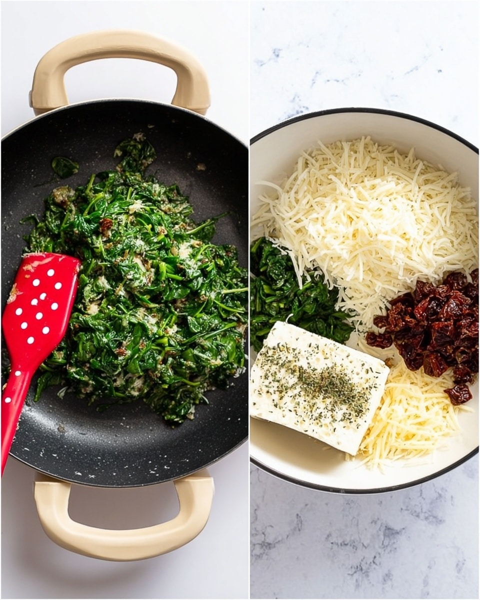 The first image shows a black pan with beige handles containing a small pile of green cooked spinach, with a red spatula that has white polka dots resting inside the pan. The second image shows a white bowl with several ingredients arranged in separate sections: shredded white cheese at the top left, dark red dried tomatoes at the top right, a block of white cheese with dried green herbs sprinkled on it in the middle left, sautéed spinach slightly to the right of the block of cheese, and grated light yellow cheese at the bottom right of the bowl. The bowl rests on a white marbled surface. photo taken with an iphone --ar 4:5 --v 7