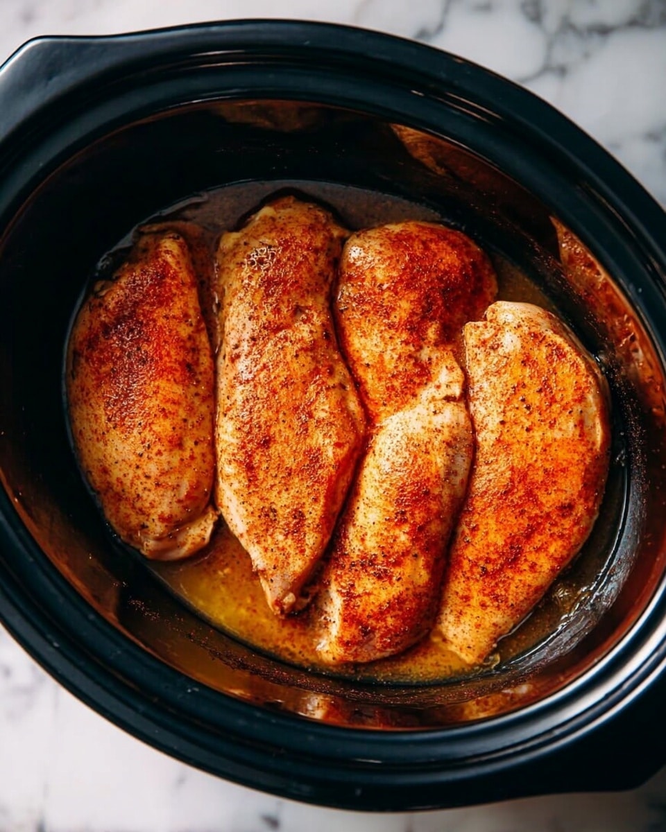 Four large pieces of chicken seasoned evenly with a reddish spice blend sit side by side inside a dark slow cooker. The chicken pieces have a smooth, moist texture with a light sauce gathered around the edges of the cooker. The slow cooker has a shiny black ceramic inner pot and is placed on a white marbled surface. Photo taken with an iphone --ar 4:5 --v 7