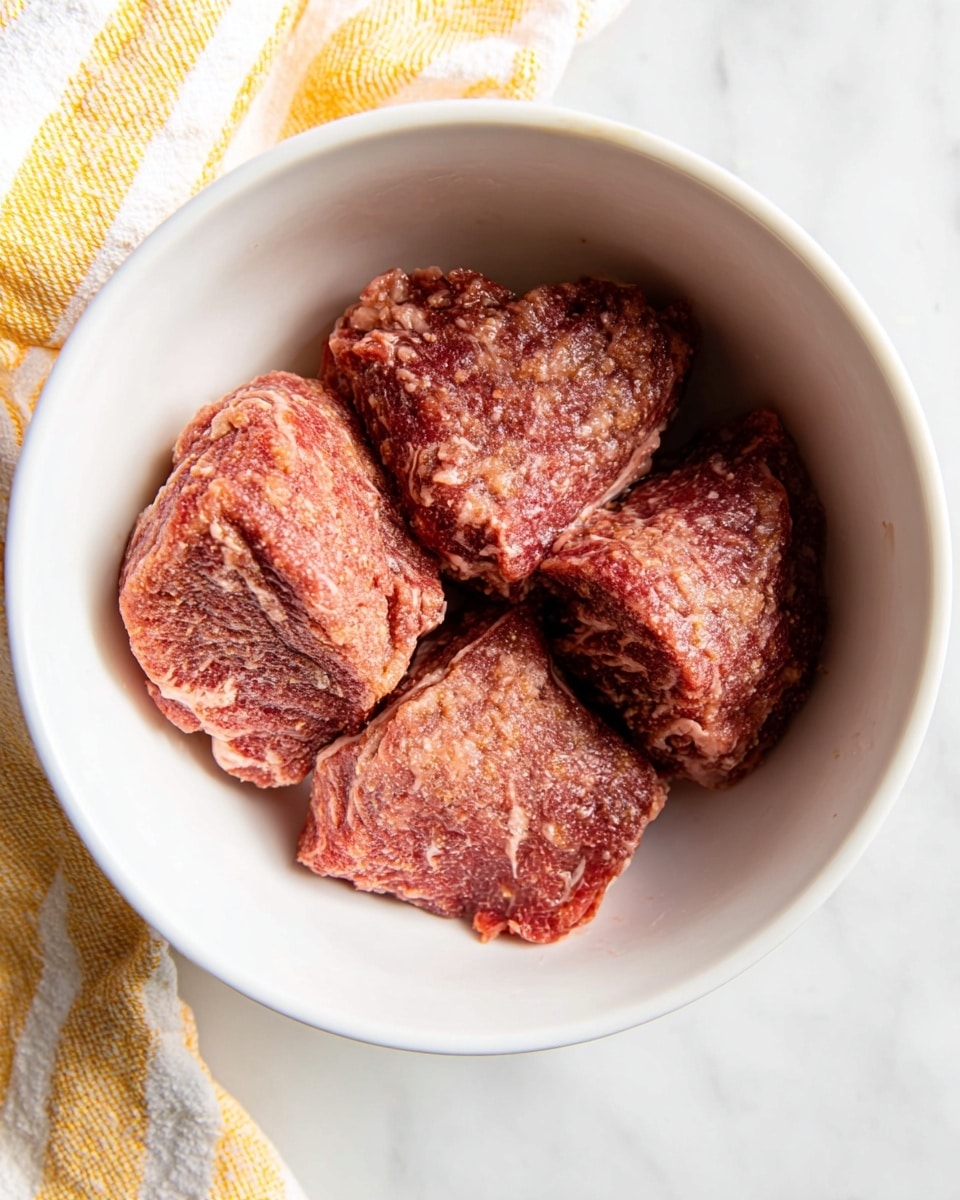 A white bowl on a white marbled surface holds four unevenly shaped raw meat portions placed close together, showing a mix of reddish and light brown colors with a coarse, grainy texture. A yellow and white striped cloth is partly visible at the top edge of the image. The meat looks fresh and slightly moist, filling the center of the bowl. photo taken with an iphone --ar 4:5 --v 7