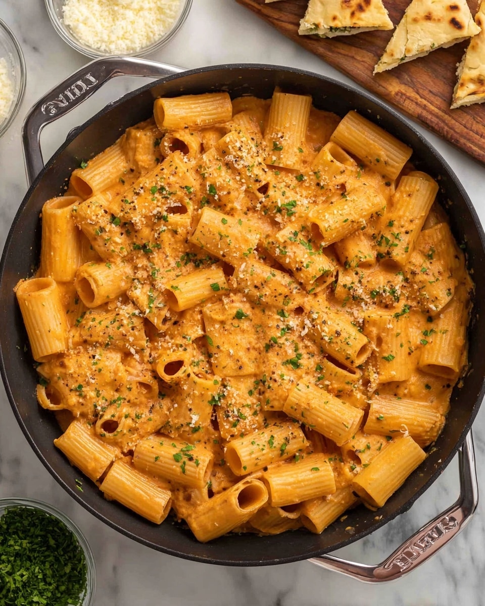 A large black skillet filled with three layers of short tube pasta coated in a creamy light orange sauce, each pasta piece showing its ribbed texture and a slight shine from the sauce. The top layer is sprinkled with small bits of grated cheese and tiny green herbs, adding touch of contrast. The skillet handle is silver with the brand name lightly engraved. In the background, there is a white marbled surface with some green herbs on the top right, a wooden board with triangular slices of flatbread on the top left, and small glass bowls holding more grated cheese and chopped herbs at the bottom left. Photo taken with an iphone --ar 4:5 --v 7