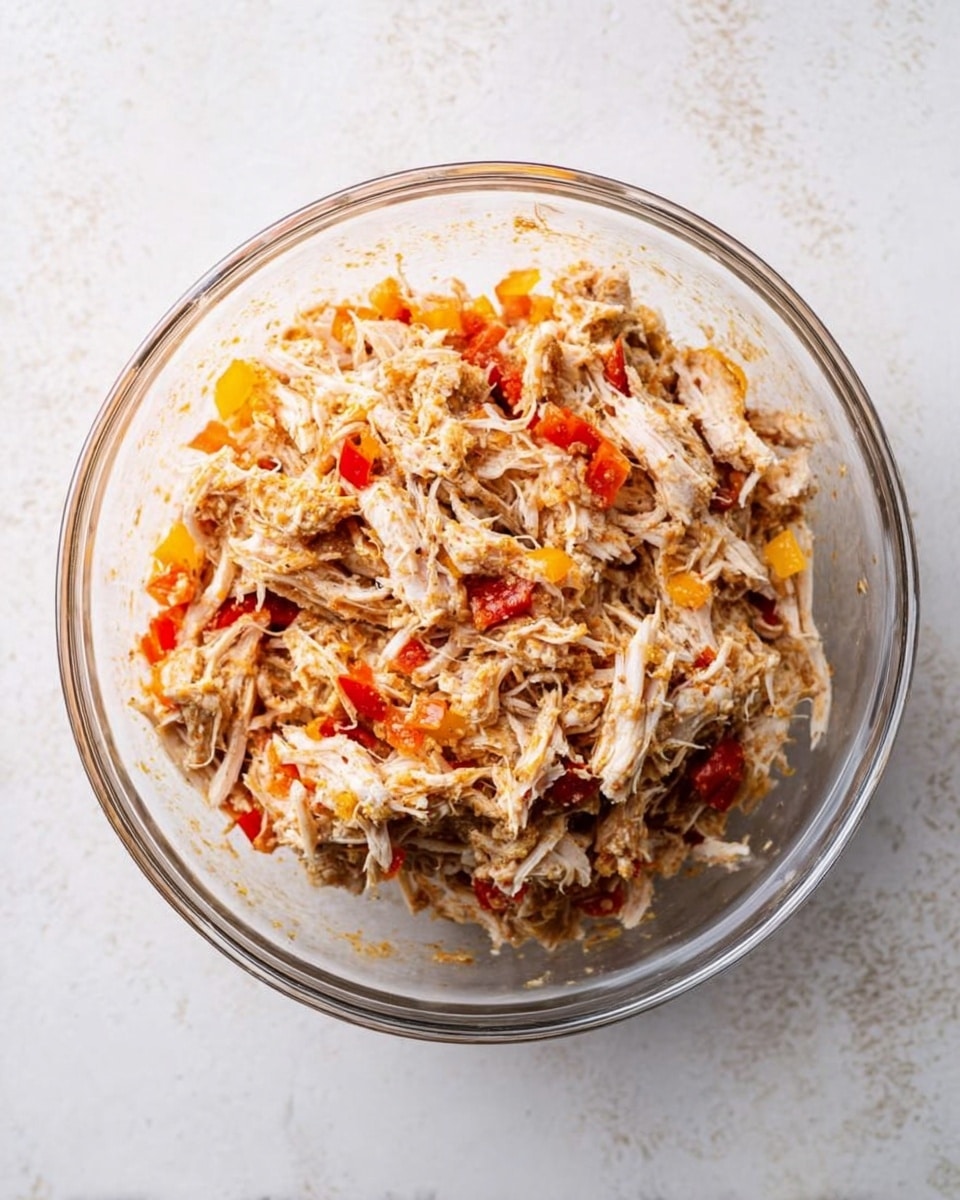 The image shows a clear glass bowl filled with shredded white and light brown chicken mixed with small pieces of red and yellow bell peppers. The chicken and peppers are evenly blended, giving a colorful texture with soft and slightly fibrous strands of chicken visible. The bowl is placed on a white marbled surface that adds a clean background. Spices seem lightly sprinkled over the chicken, showing small brown hints. Photo taken with an iphone --ar 4:5 --v 7
