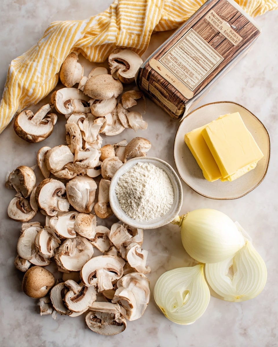 The image shows a white marbled surface with various cooking ingredients arranged neatly. On the left, there are many light brown and white sliced mushrooms spread out in different sizes. To the right of the mushrooms, there is a small white bowl filled with white flour. Next to the bowl, a small white plate holds three yellow pieces of butter stacked on top of each other. On the far right, there is a half white onion with pale yellow and white onion rings loosely placed beside it, overlapping each other. In the background, a boxed item with a wooden texture design and some text on it is standing upright. A striped yellow and white cloth is draped behind the flour bowl and the box. The photo taken with an iphone --ar 4:5 --v 7