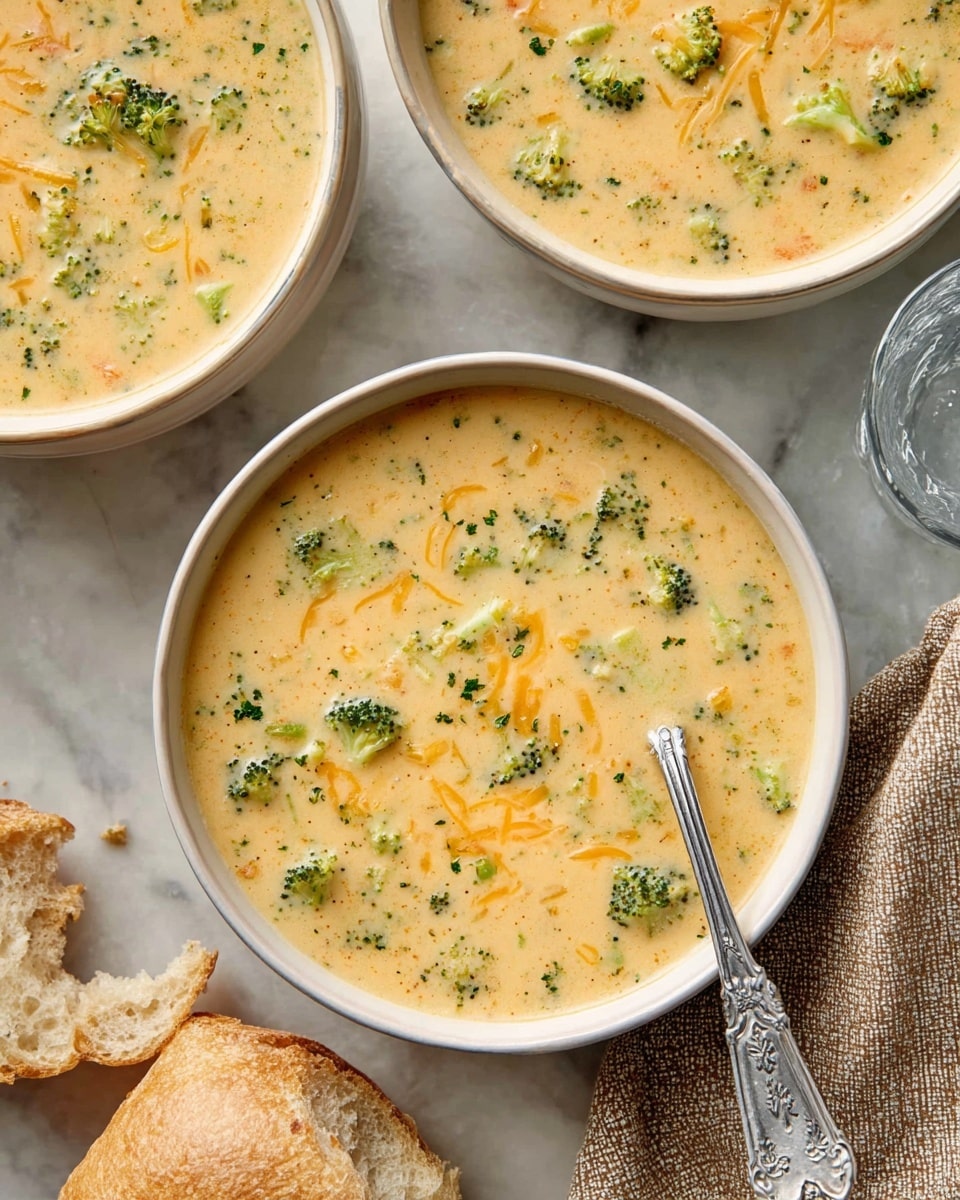 A close-up of three white bowls filled with creamy broccoli cheese soup, showing a light yellow base with small green broccoli pieces and orange shredded cheese scattered throughout. One bowl is in the center with a silver spoon resting inside, its handle decorated with a detailed pattern. Pieces of torn bread lie near the bottom left of the image, and a textured beige cloth napkin appears on the bottom right. The whole scene sits on a white marbled surface with a clear glass of water at the top right corner. photo taken with an iphone --ar 4:5 --v 7