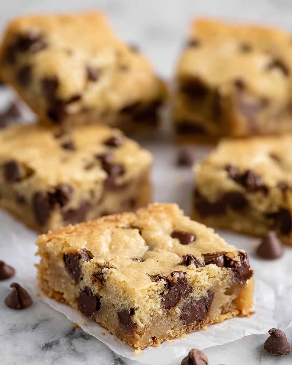 The image shows several thick square pieces of chocolate chip cookie bars with a golden brown top and soft-looking, light beige inside, full of dark brown chocolate chips scattered throughout all layers. The bars are arranged on white parchment paper on a white marbled surface with some loose chocolate chips around them. The texture of the cookie bars looks slightly crumbly on top but dense and moist inside. The focus is sharp on the front piece, highlighting the contrast between the soft cookie dough and melty chocolate chips. Photo taken with an iphone --ar 4:5 --v 7