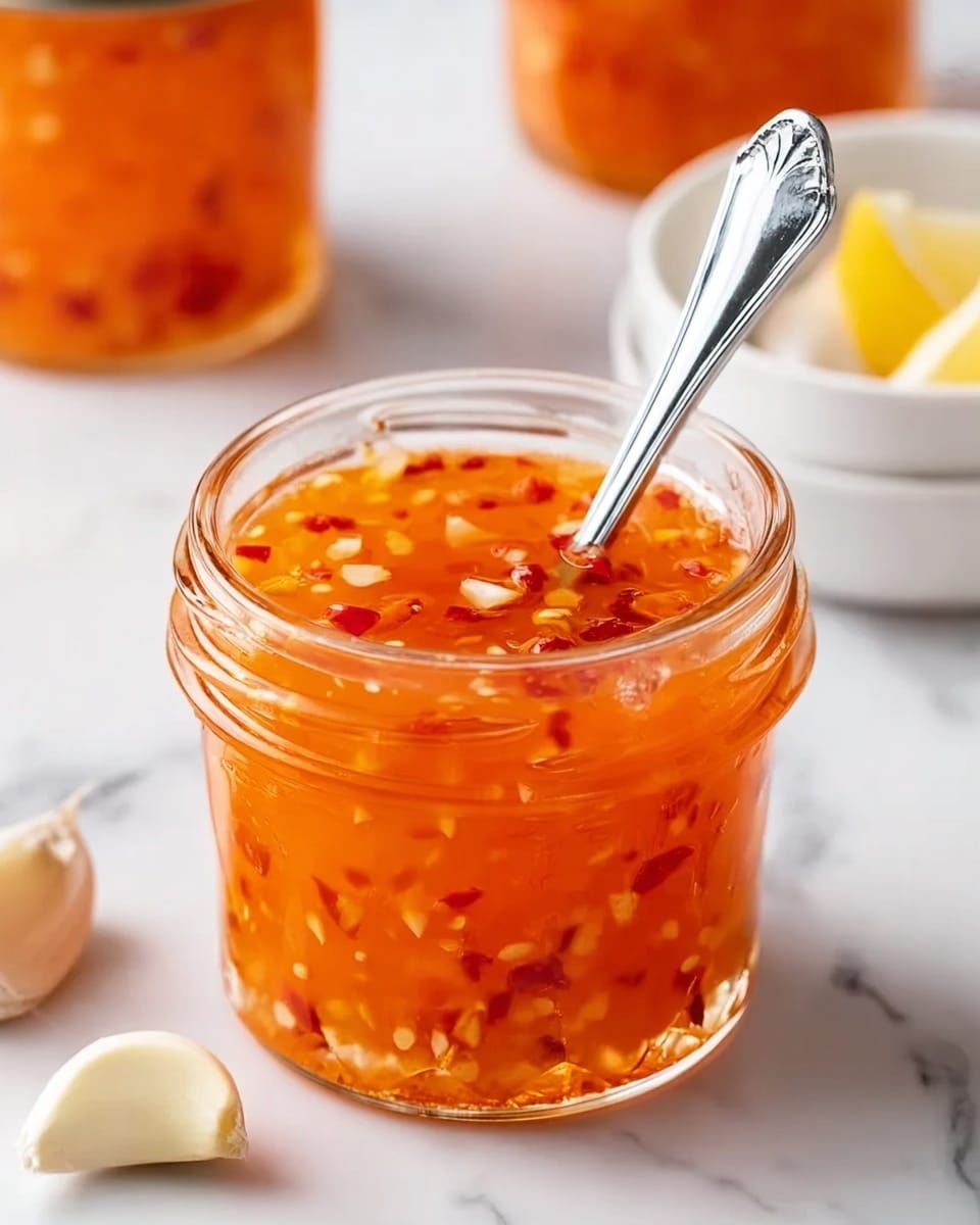 A clear glass jar filled with bright orange sweet chili sauce that has small pieces of red chili and white garlic floating inside, with a shiny silver spoon standing upright in the sauce. The jar sits on a white marbled surface next to two cloves of garlic and a yellow edge of a lemon slice is visible on the side. In the background, there are blurred white bowls and other jars also filled with the same orange sauce. Photo taken with an iphone --ar 4:5 --v 7