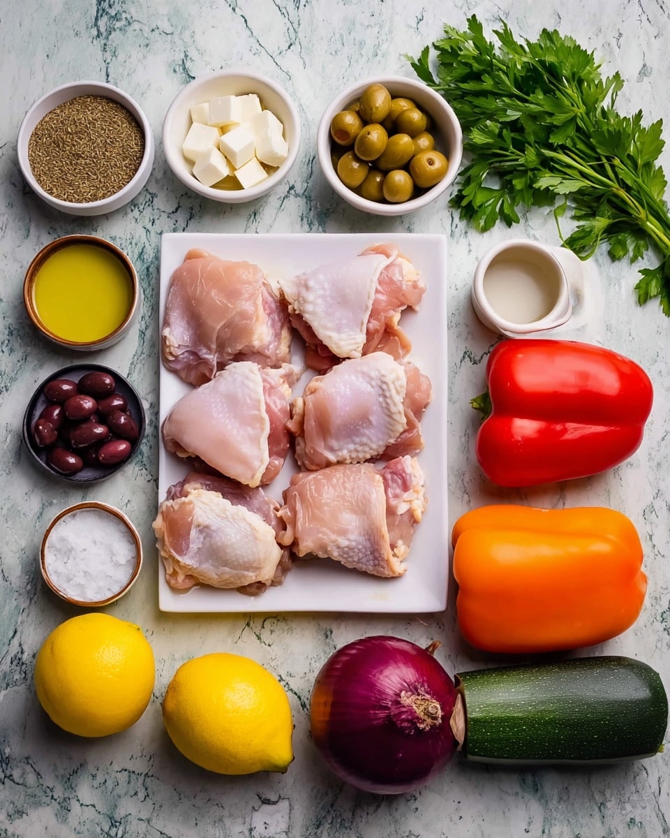 The image shows a flat lay of raw ingredients on a white marbled surface. In the center, a white square plate holds nine pieces of raw chicken thighs, pale pink and slightly shiny. On the left side, small white bowls contain light brown dried herbs, a peeled garlic clove, dark purple olives, green olives, white cubes of cheese, coarse salt, and a small cup of clear olive oil. Below these bowls, there are two bright yellow lemons and a deep purple onion. To the right of the chicken, a red tomato, an orange bell pepper, and a dark green zucchini are arranged in a row. At the top right corner, a small bunch of fresh parsley adds vibrant green color. photo taken with an iphone --ar 4:5 --v 7