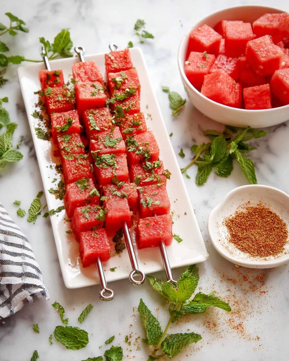 Four metal skewers are laid out on a white rectangular plate, each filled with four bright red watermelon cubes stacked neatly in a row. The watermelon is sprinkled with green chopped mint leaves and a reddish-brown seasoning powder. To the upper right, there is a white bowl filled with more red watermelon cubes. Next to the plate is a small white dish holding the same reddish-brown powder. The whole setup rests on a white marbled surface with scattered mint leaves and seasoning bits around, giving a fresh and colorful look. photo taken with an iphone --ar 4:5 --v 7