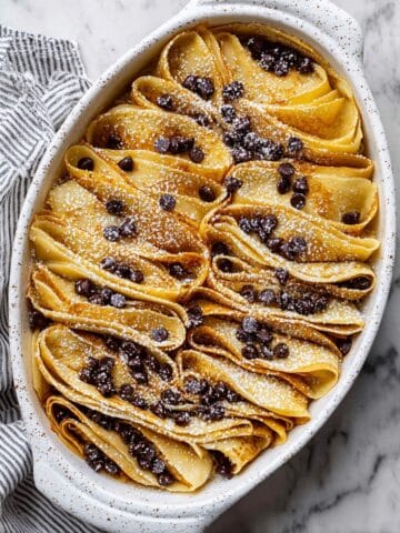 Pancake Casserole with Maple, Cinnamon, and Chocolate Chip Garnish Recipe