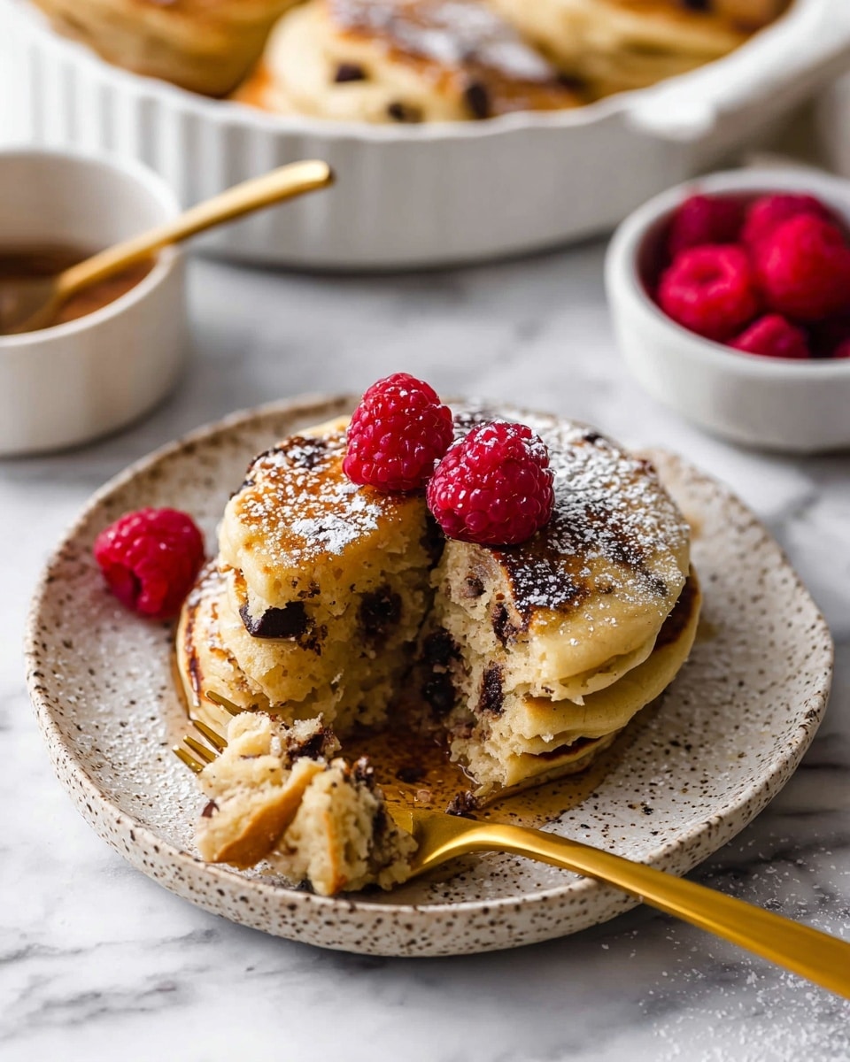 A stack of four golden-brown pancakes with visible dark chocolate chips is placed on a round white speckled plate, partially eaten with a piece torn off showing a soft, fluffy inside. The pancakes are topped with two bright red raspberries lightly dusted with powdered sugar. A shiny golden fork rests on the plate, partially under the pancakes. The plate sits on a white marbled surface, with a white bowl in the background holding more raspberries and a white baking dish with more pancakes and a golden spoon visible at the edge. Powdered sugar is lightly sprinkled over the pancakes and raspberries. Photo taken with an iphone --ar 4:5 --v 7
