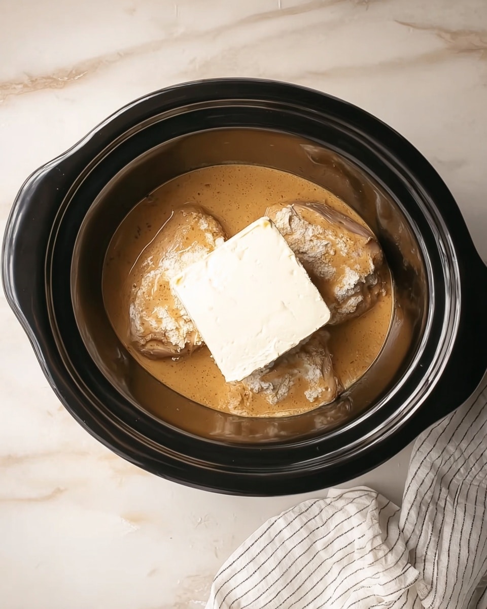The image shows a black crockpot filled with three pieces of raw chicken covered in a thick, light brown sauce. On top of the chicken and sauce, there is a large white block of cream cheese placed in the center. The surface around the crockpot is a white marbled texture, with a white and gray striped cloth partially visible on the right side. The scene is simple with soft lighting that highlights the textures and colors of the ingredients photo taken with an iphone --ar 4:5 --v 7