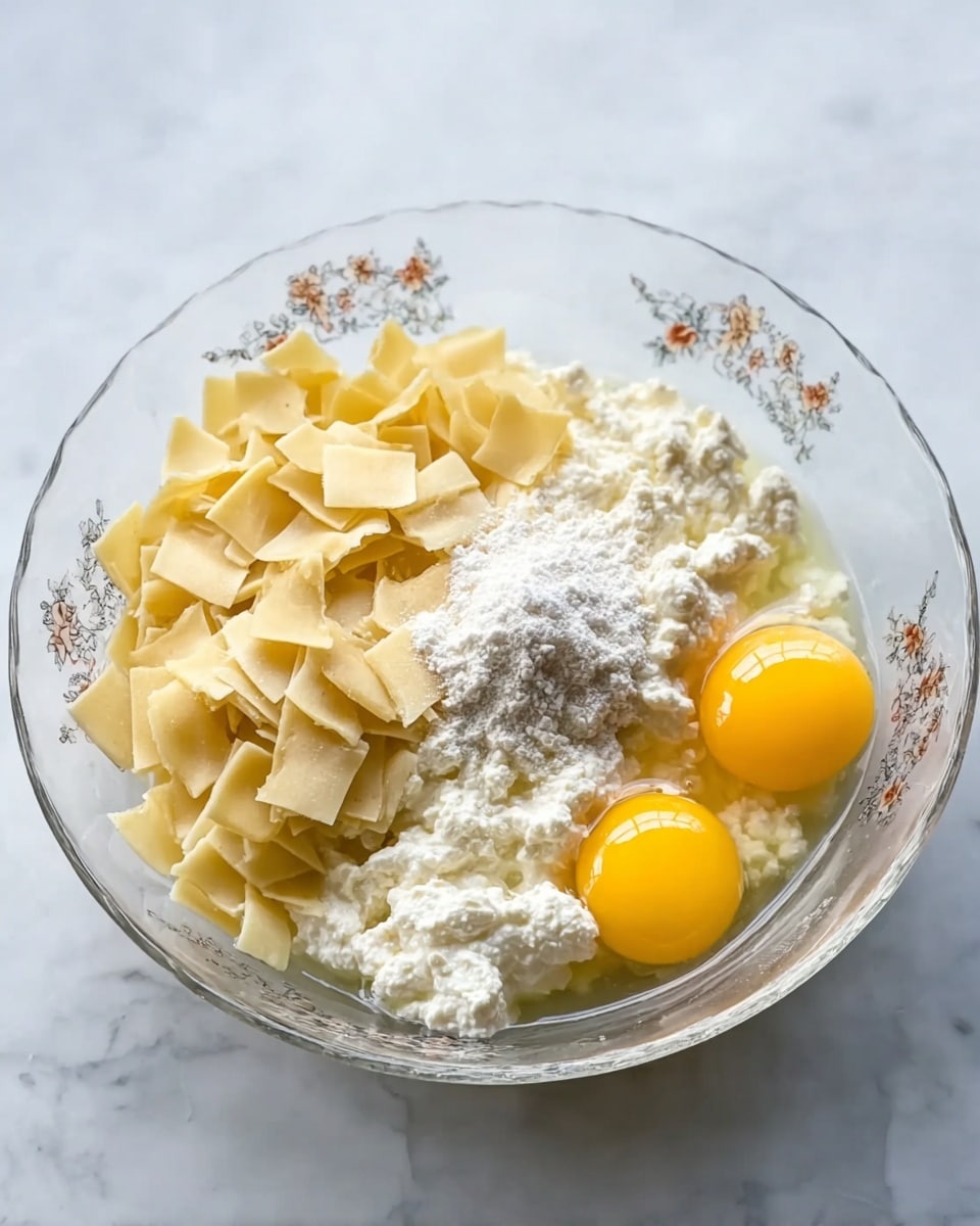 A clear glass bowl sits on a white marbled surface, holding several layers of ingredients. On the left side, there are many small, pale yellow square pasta pieces stacked unevenly. On the right side, three raw egg yolks rest in slightly sticky white egg whites. Between and slightly below the eggs and pasta, there is a thick, white cottage cheese layer with a rough texture. On top of the cottage cheese and close to the eggs, there is a small pile of white flour dust. The bowl edges have a delicate floral pattern. Photo taken with an iphone --ar 4:5 --v 7